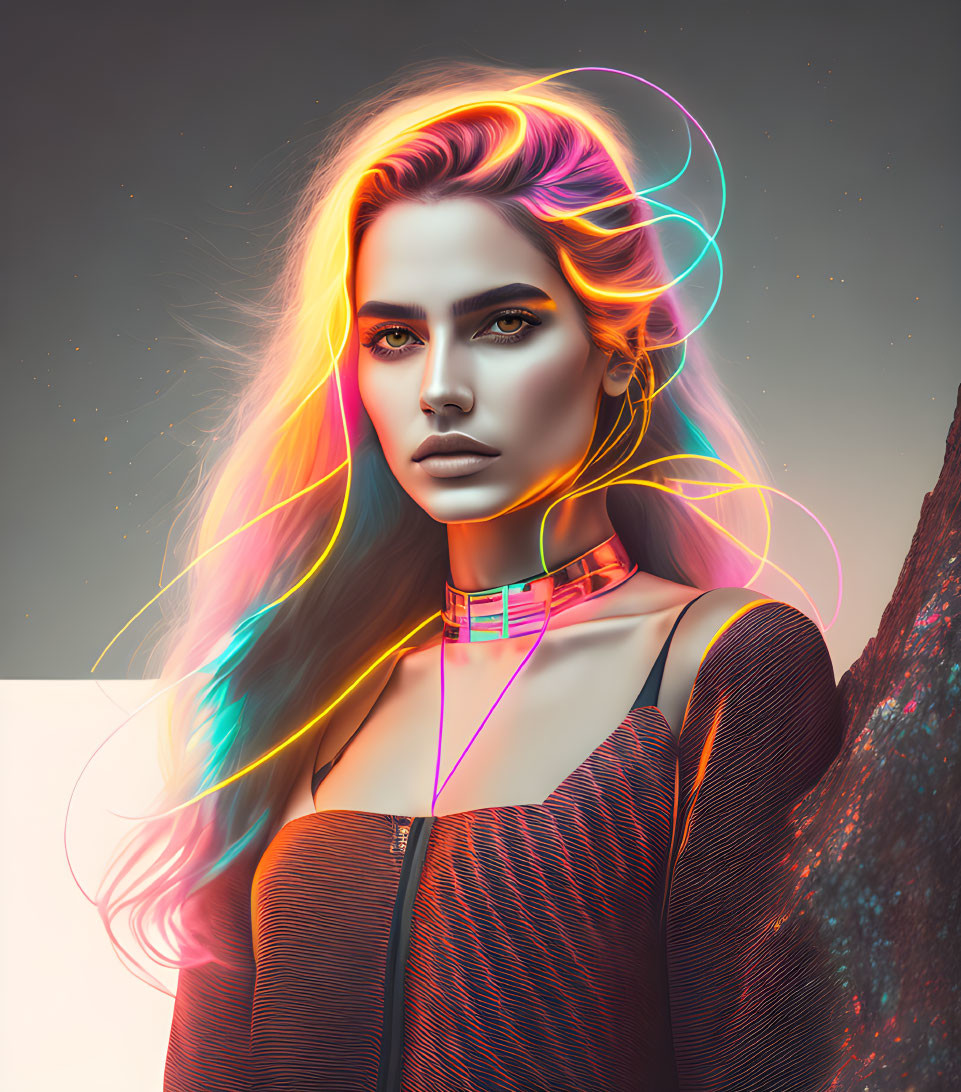 Digital art portrait of woman with neon hair and blue eyes on dark background