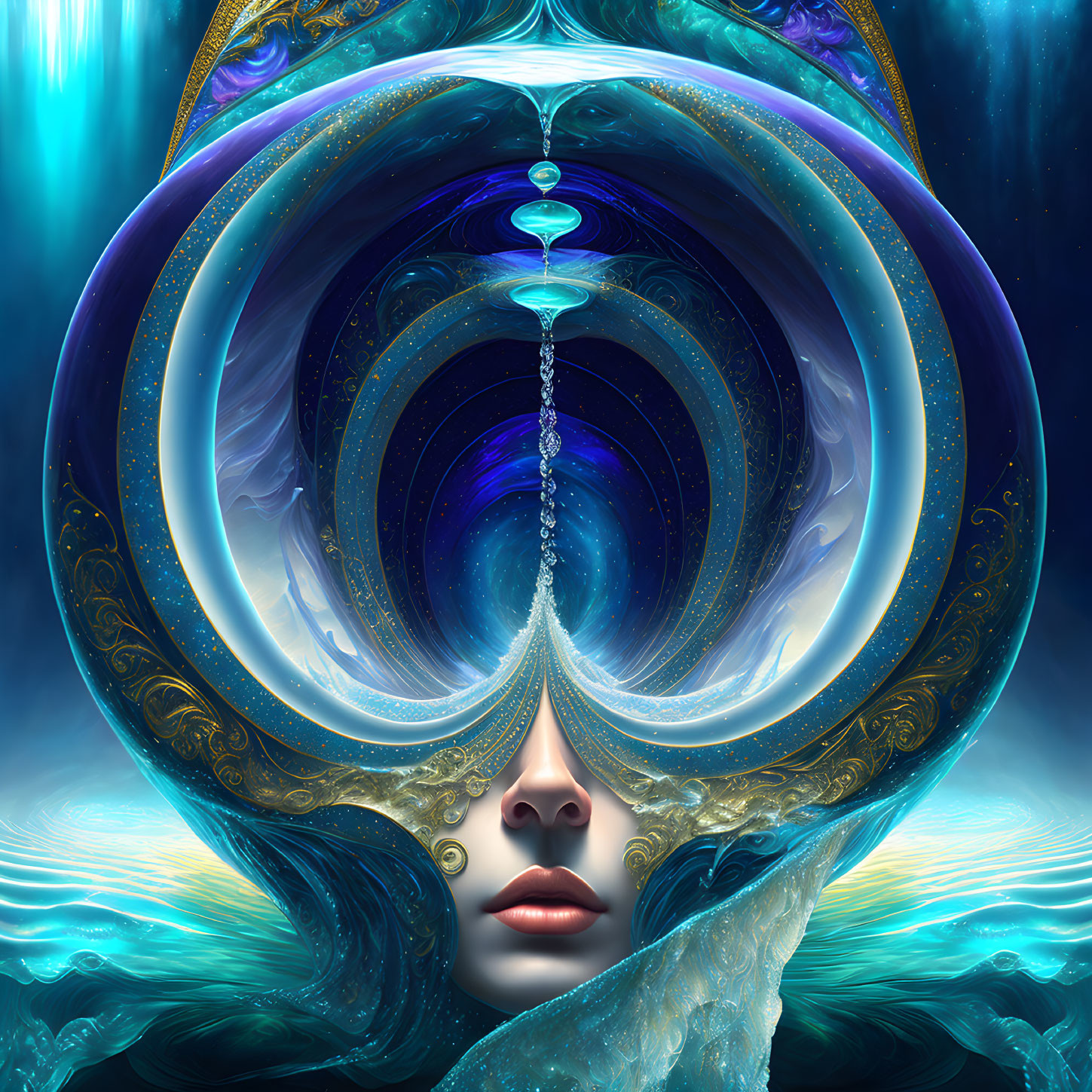 Surreal digital artwork: Woman's face in cosmic tunnel with vivid blues, teals