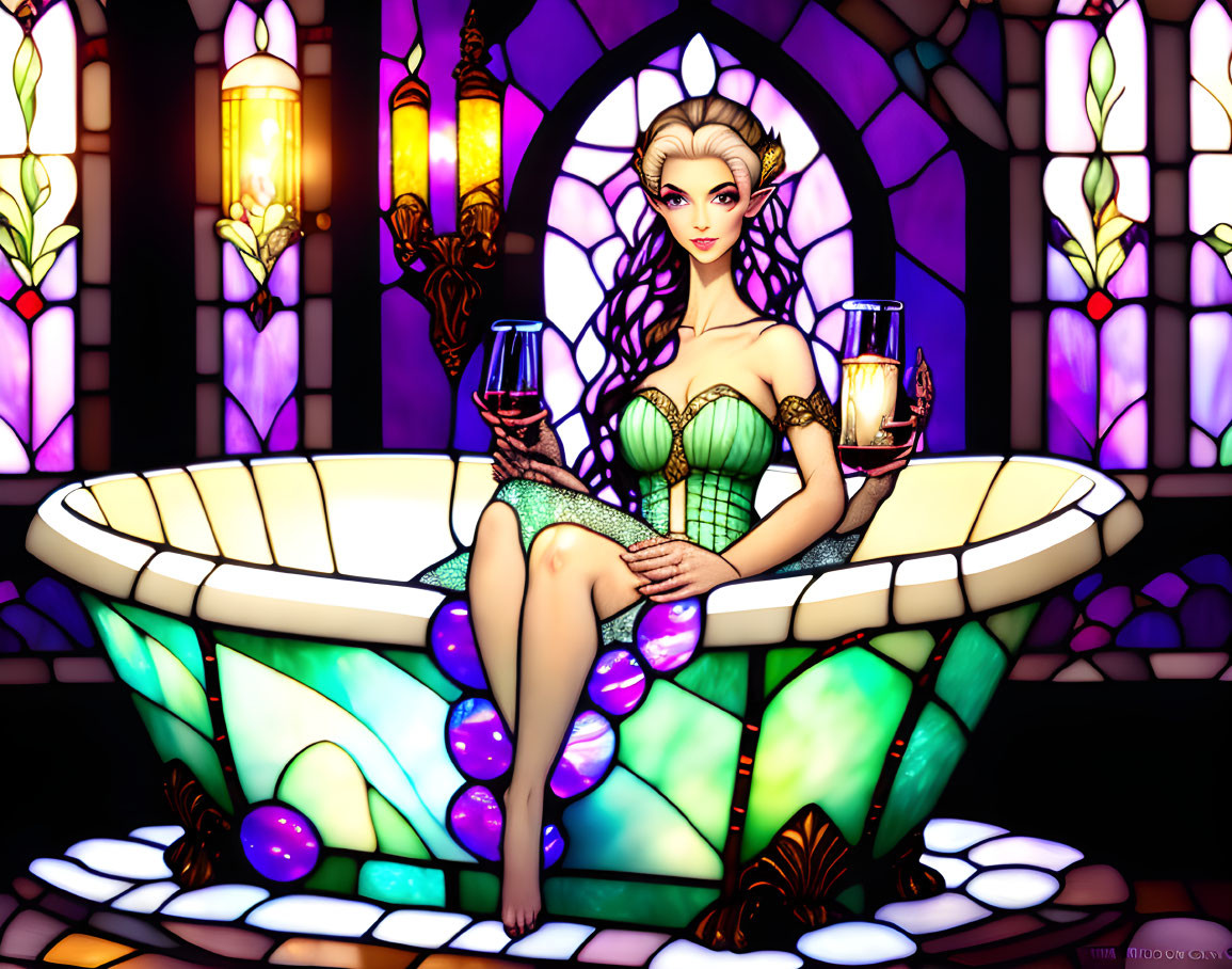 Stylized illustration of woman in clamshell bathtub with wine glass