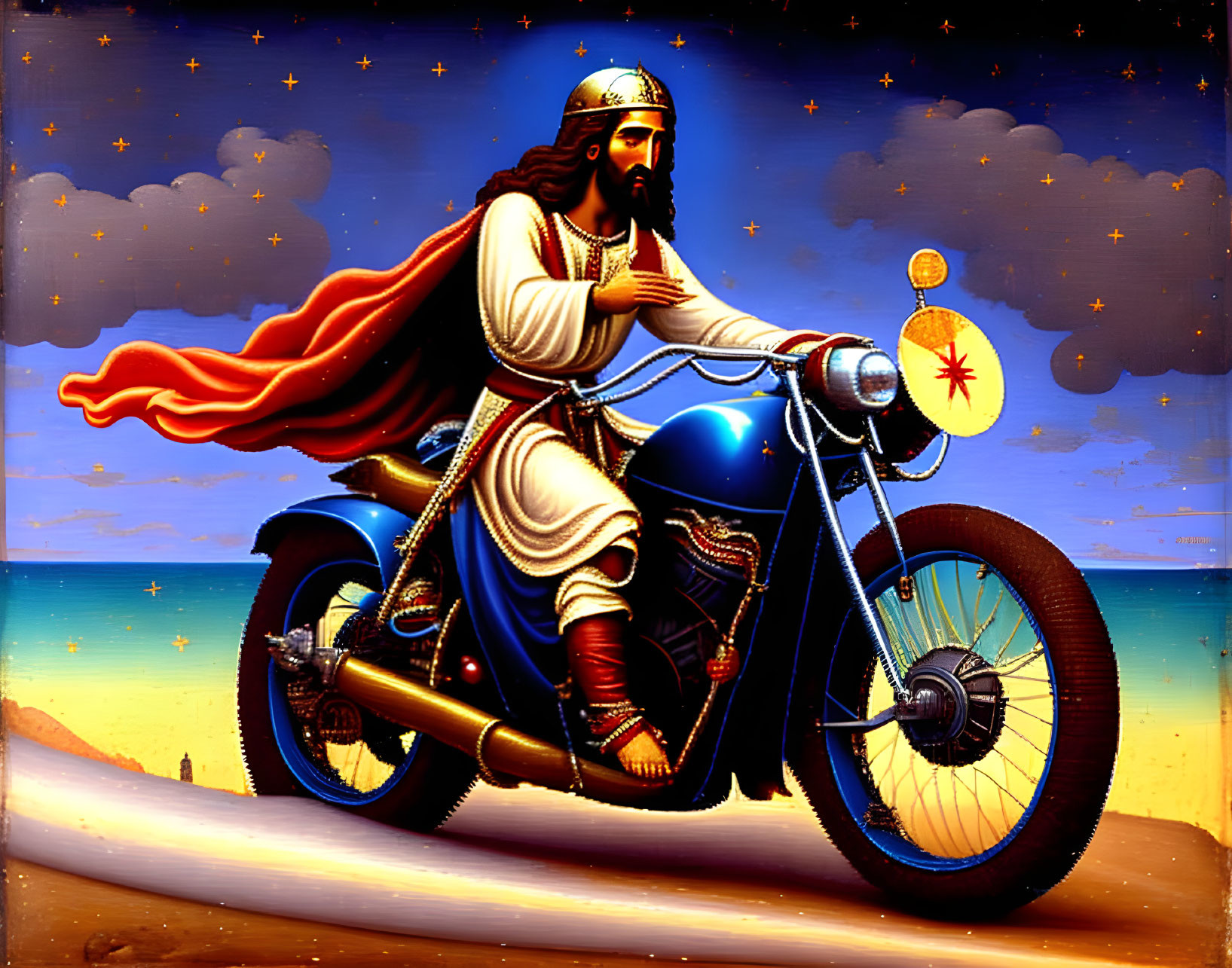 Regal figure on motorcycle under starry sky and beach backdrop