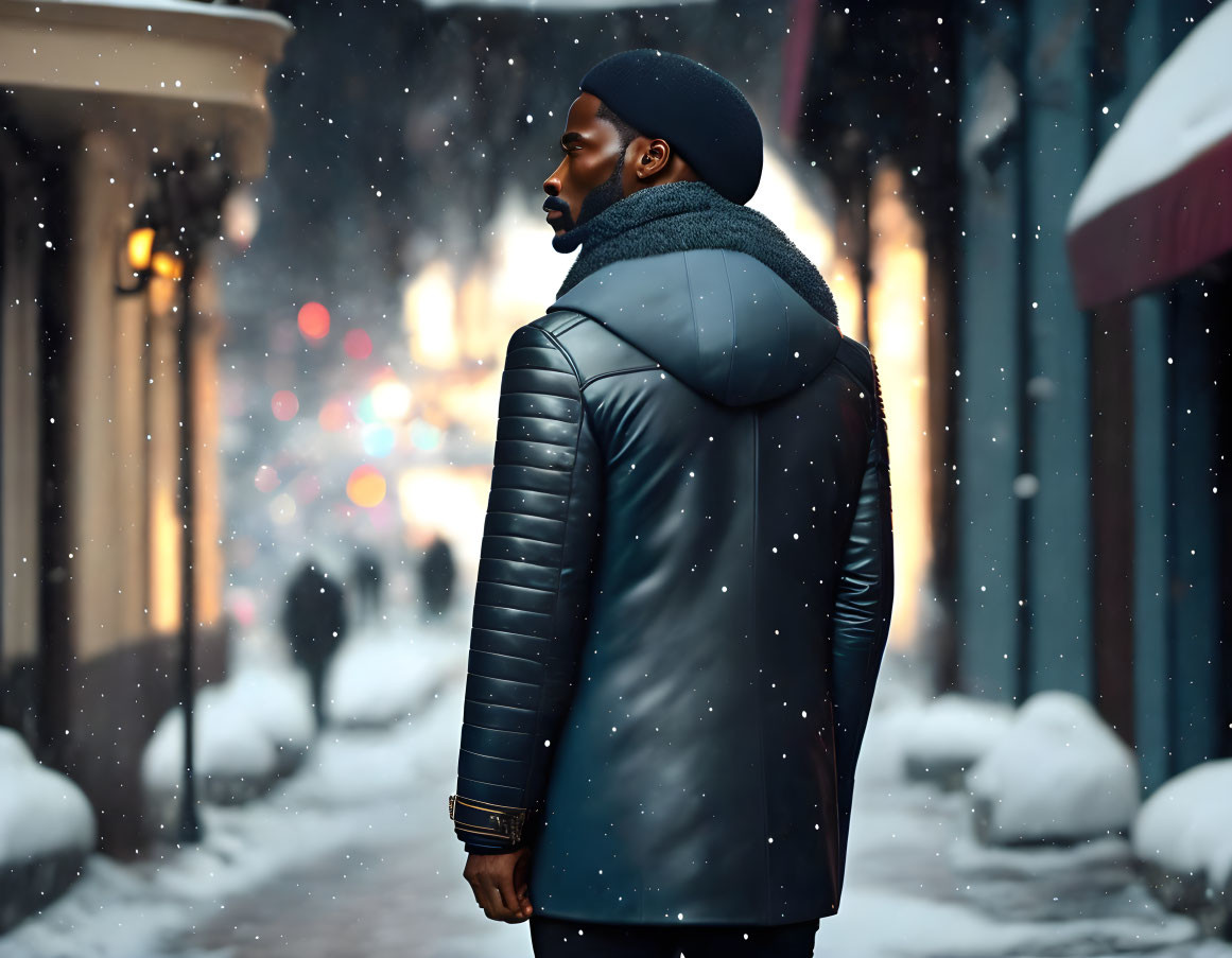 Man in winter jacket and beanie on snowy street at night with city lights and falling snowflakes