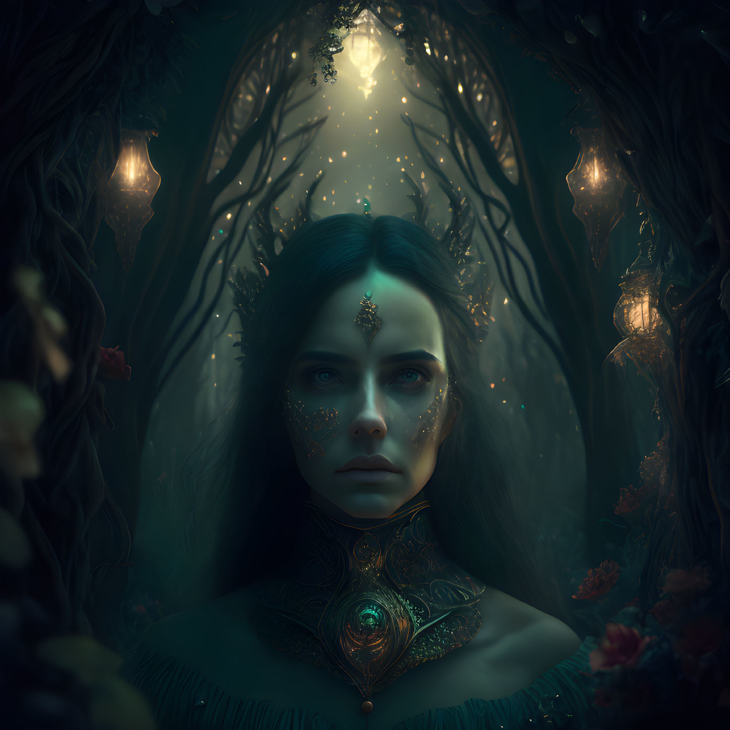 Mystical woman adorned with elaborate jewelry in a dark forest with glowing lanterns