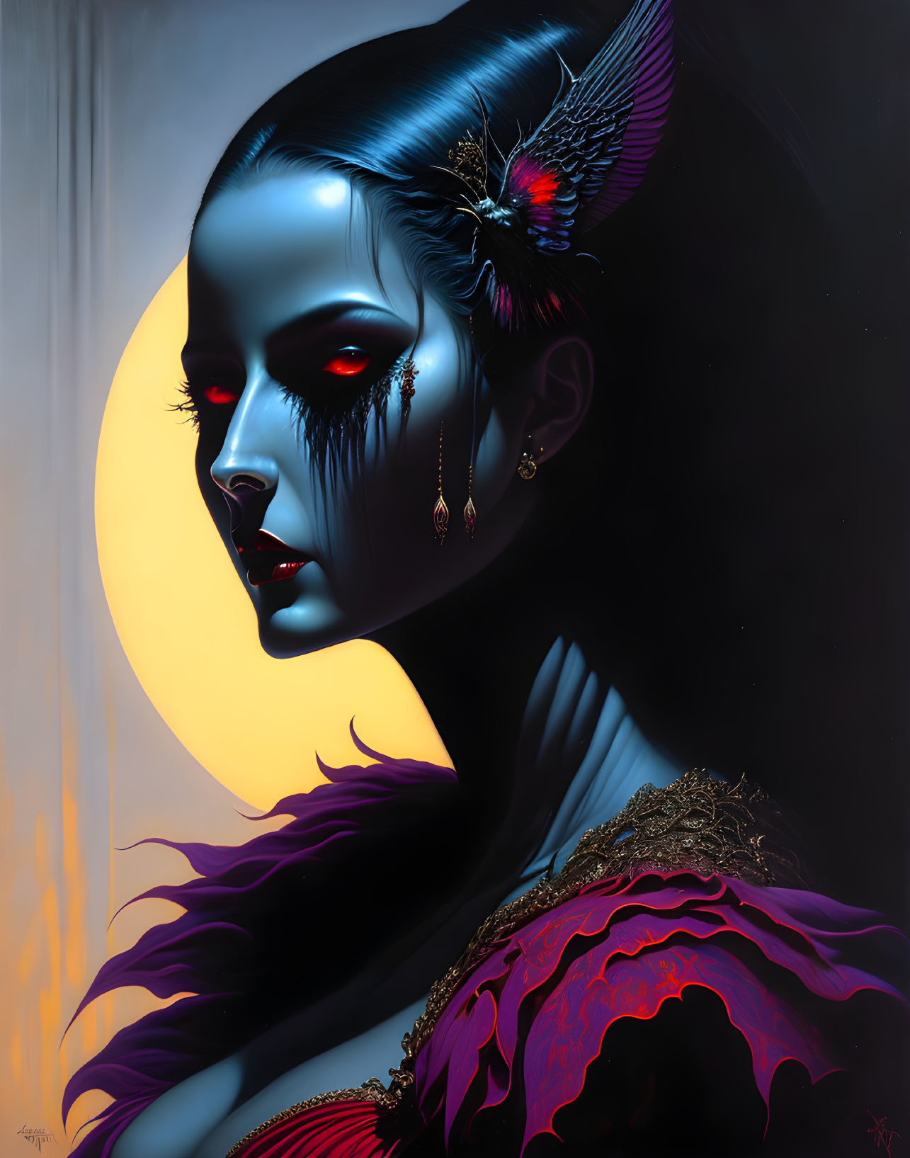 Stylized portrait of woman with dark makeup and feathered headpiece in purple cloak against moon backdrop