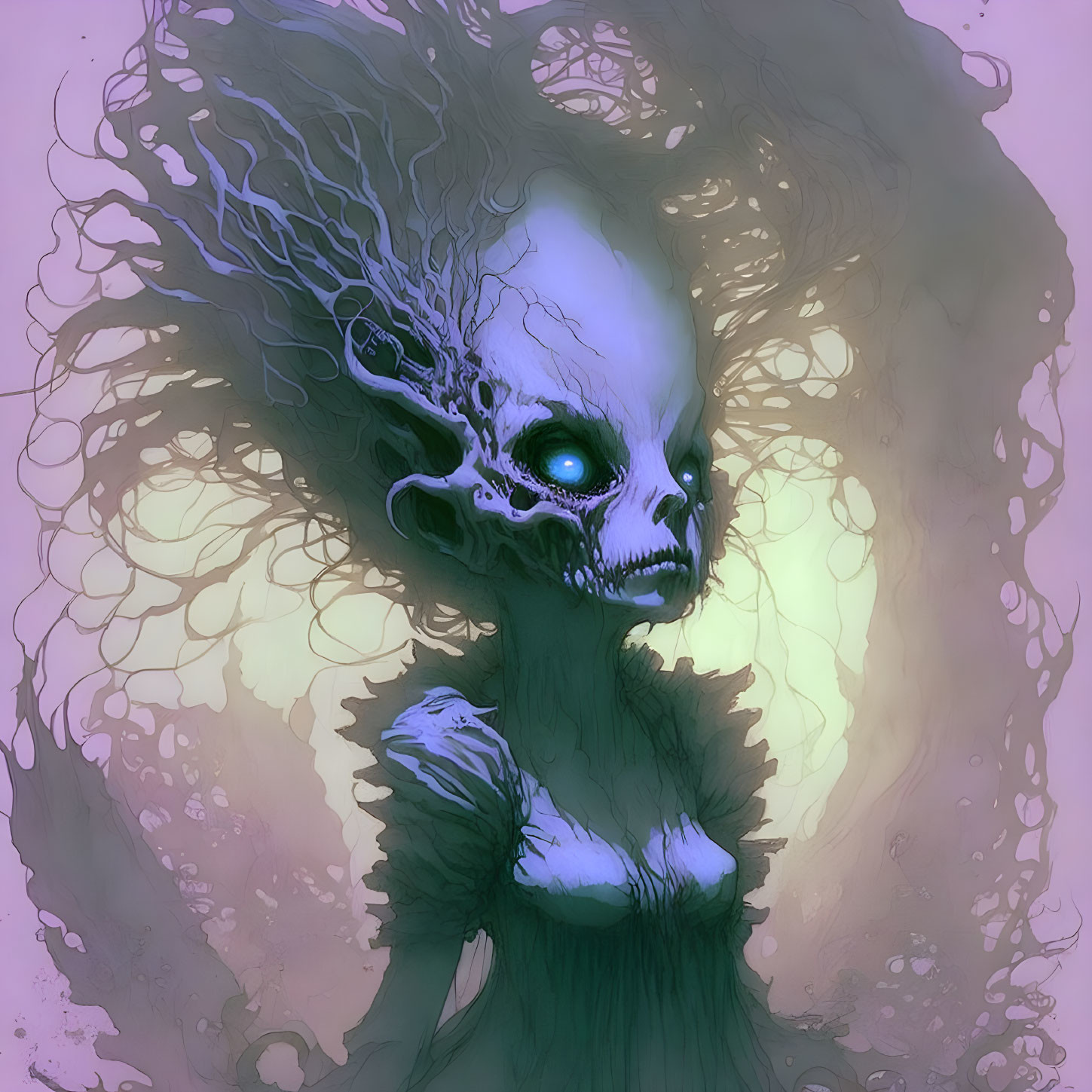 Ethereal skeletal creature with glowing green eyes in violet-tinged setting