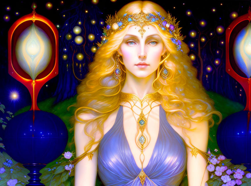 Ethereal woman with golden hair in blue gown under star-lit sky