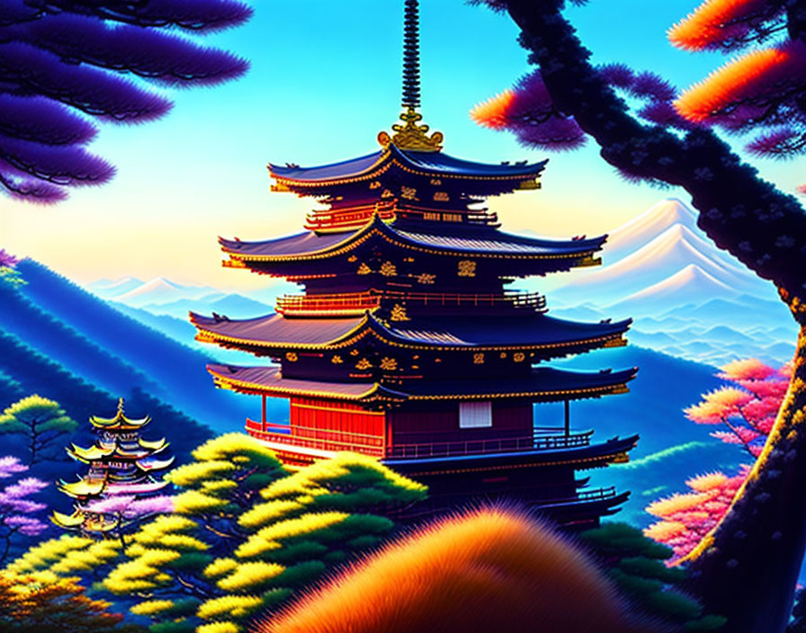 Vibrant digital art of Japanese pagoda in colorful landscape