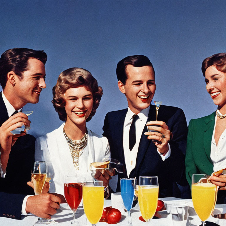 Smiling couples in formal wear clinking glasses outdoors