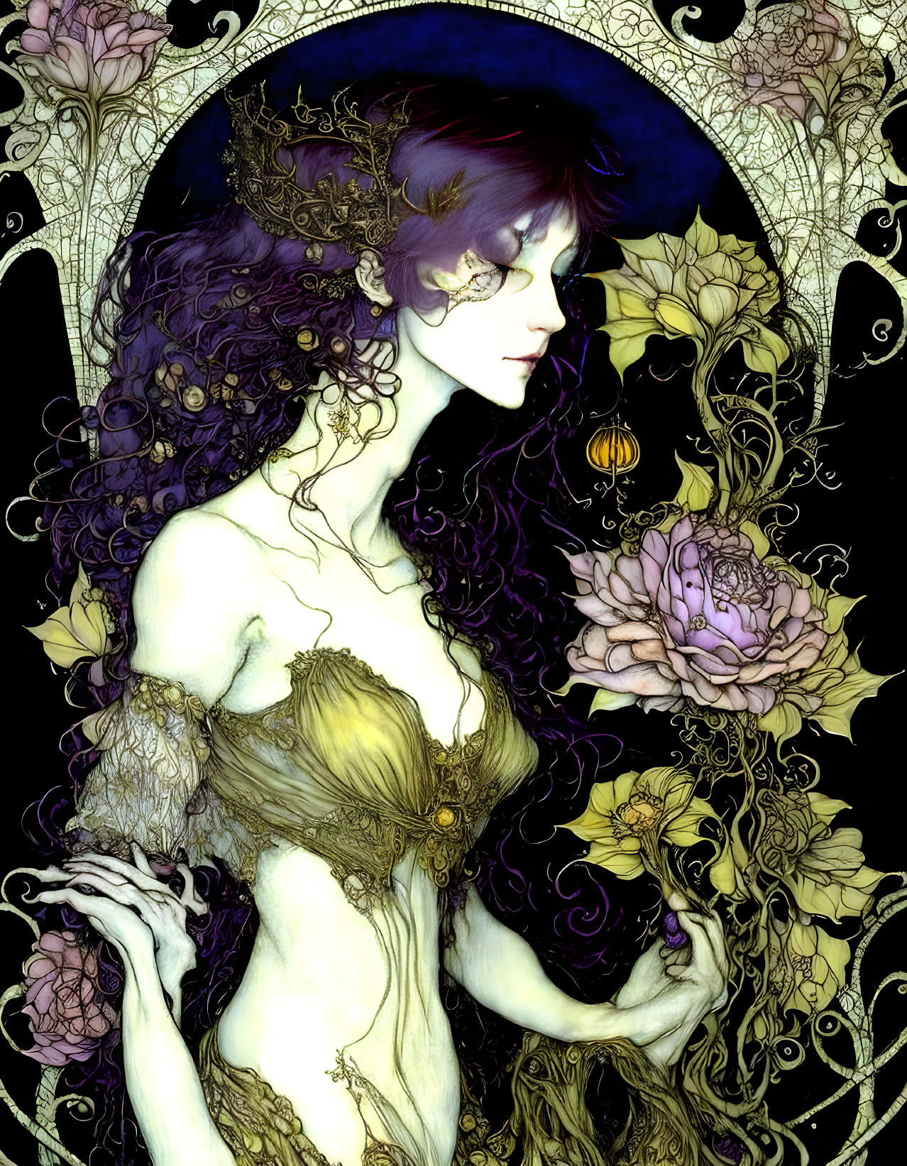 Detailed illustration of woman with purple hair in floral setting on dark background