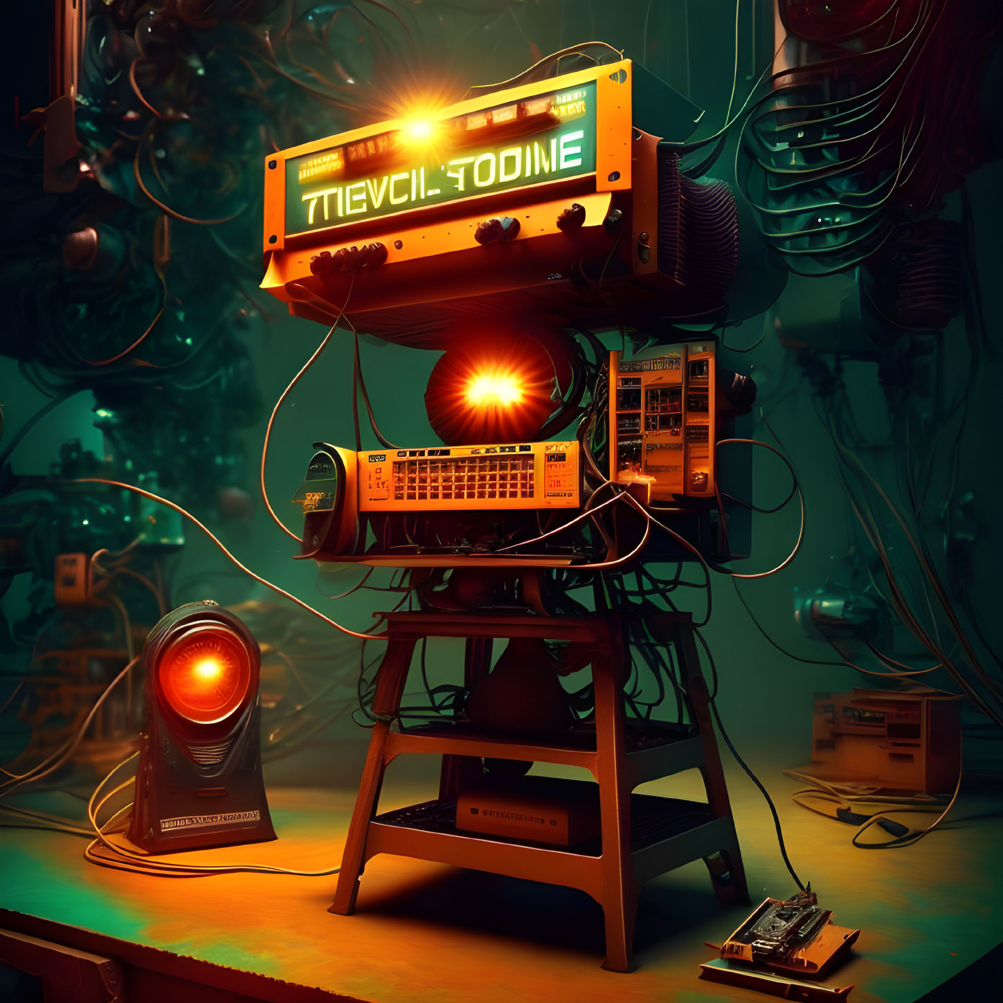 Vintage electronic lab setup with glowing orange and teal lights and spherical energy source