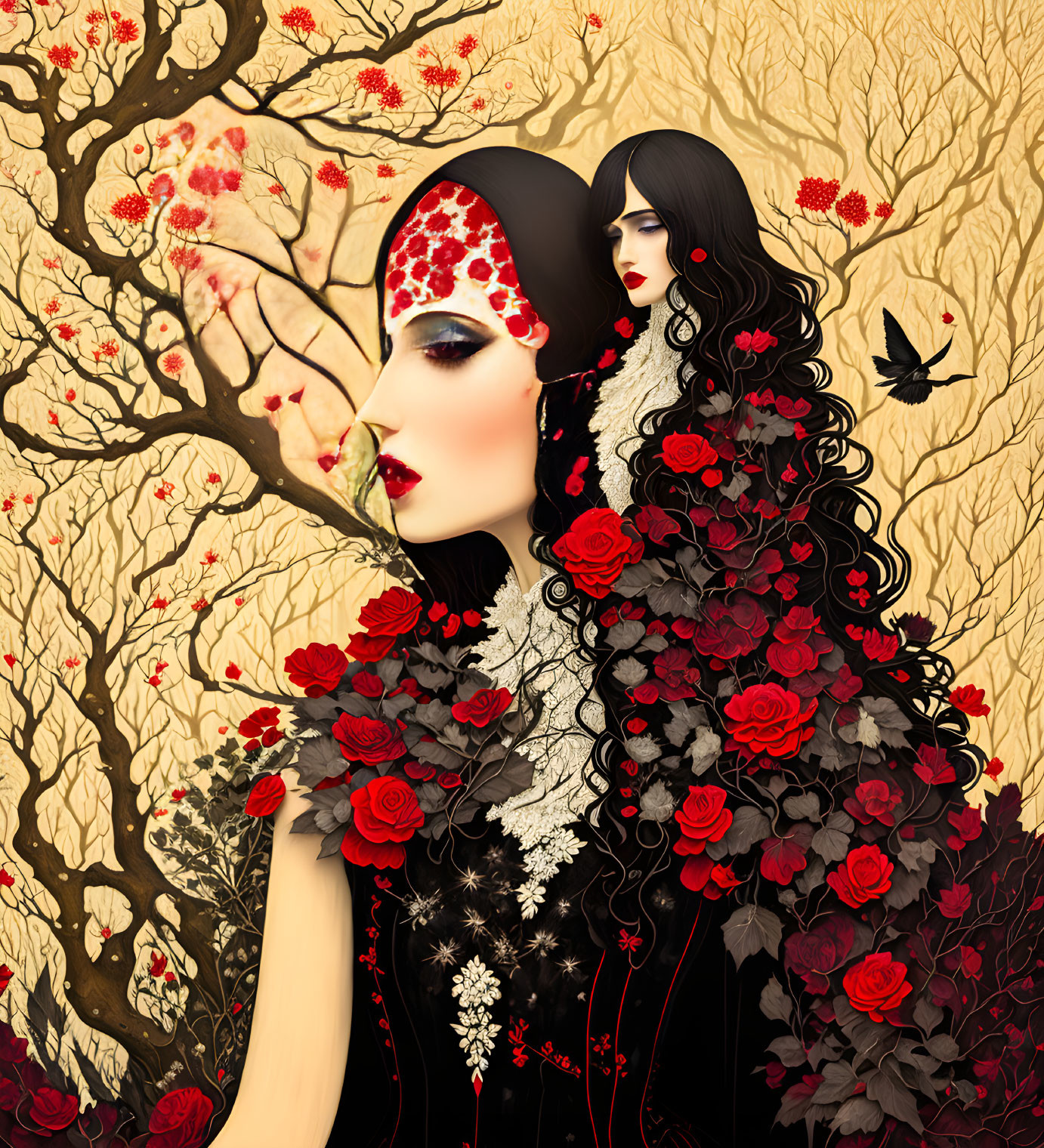 Stylized women with black hair in floral setting