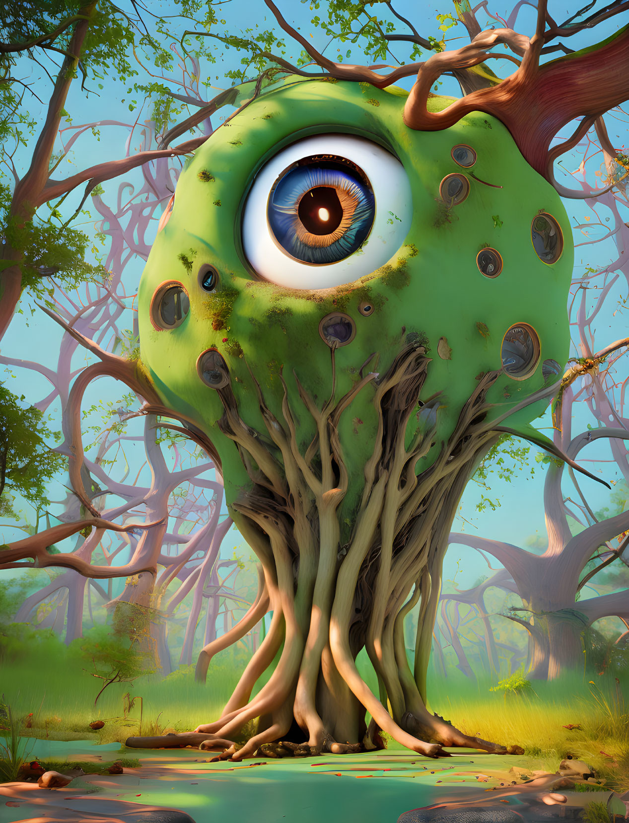 Colorful Illustration of Large Eye-Shaped Creature in Enchanted Forest