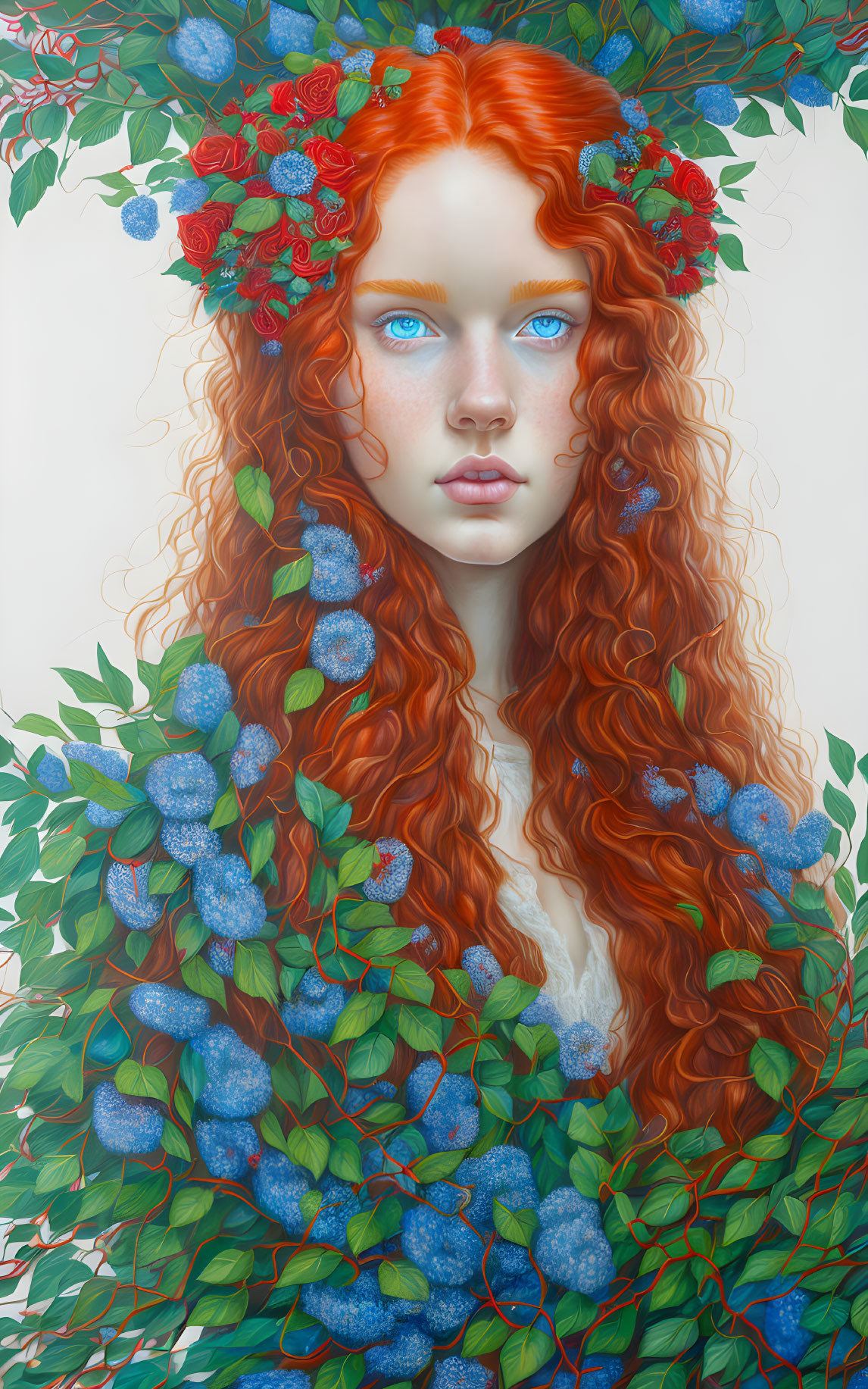 Colorful portrait of a woman with red hair, blue eyes, floral crown, leaves, and blue