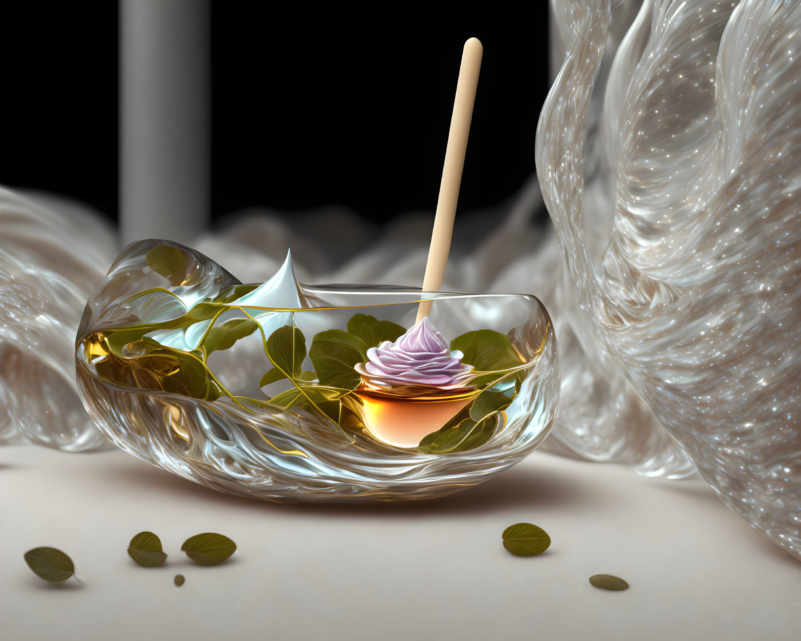 Digital Image: Honey Bowl with Dipper and Leaves on White Background