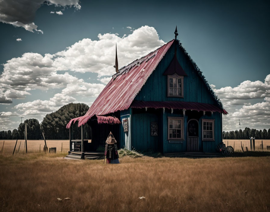 Blue Wooden House with Red Roof in Field and Clear Sky