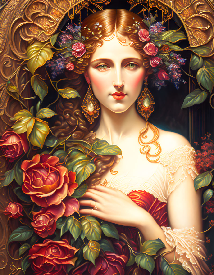 Illustrated woman with floral headdress and red rose, surrounded by golden Art Nouveau patterns