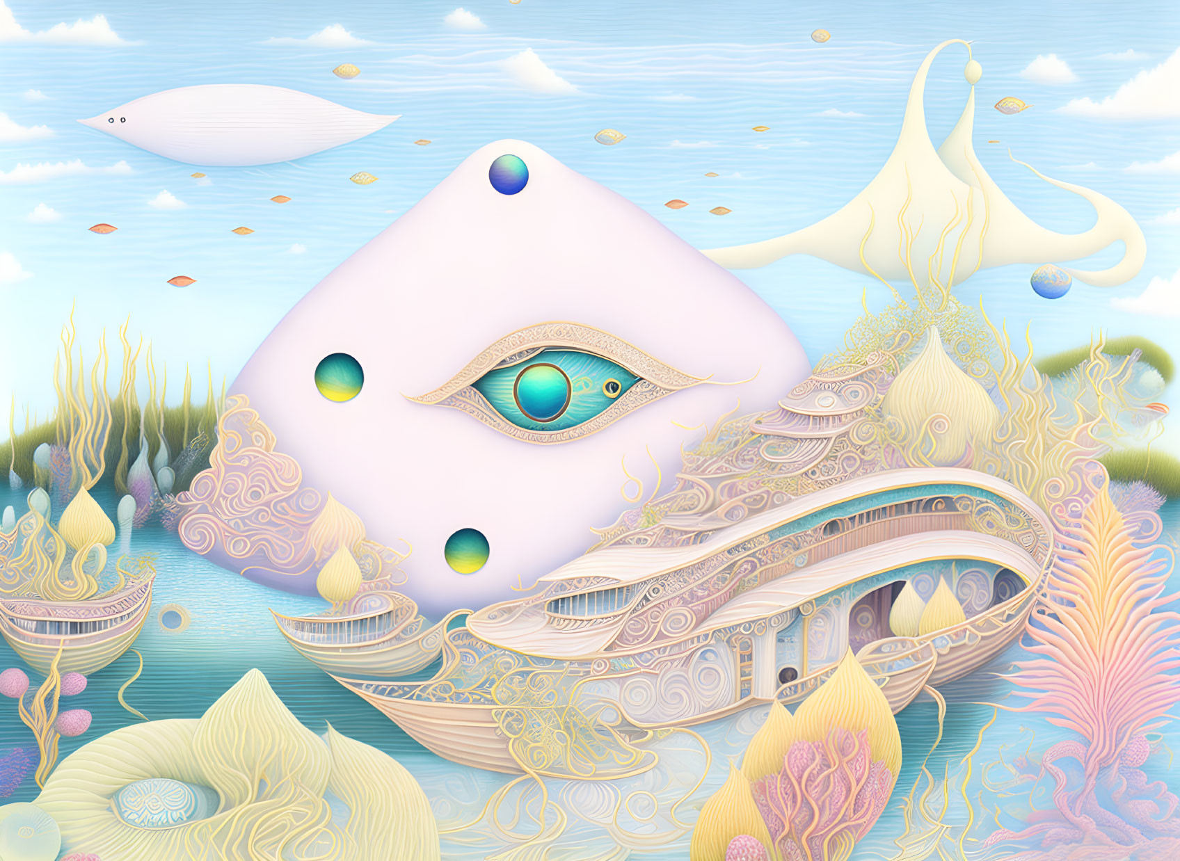 Surreal landscape with eye-adorned cube and marine flora