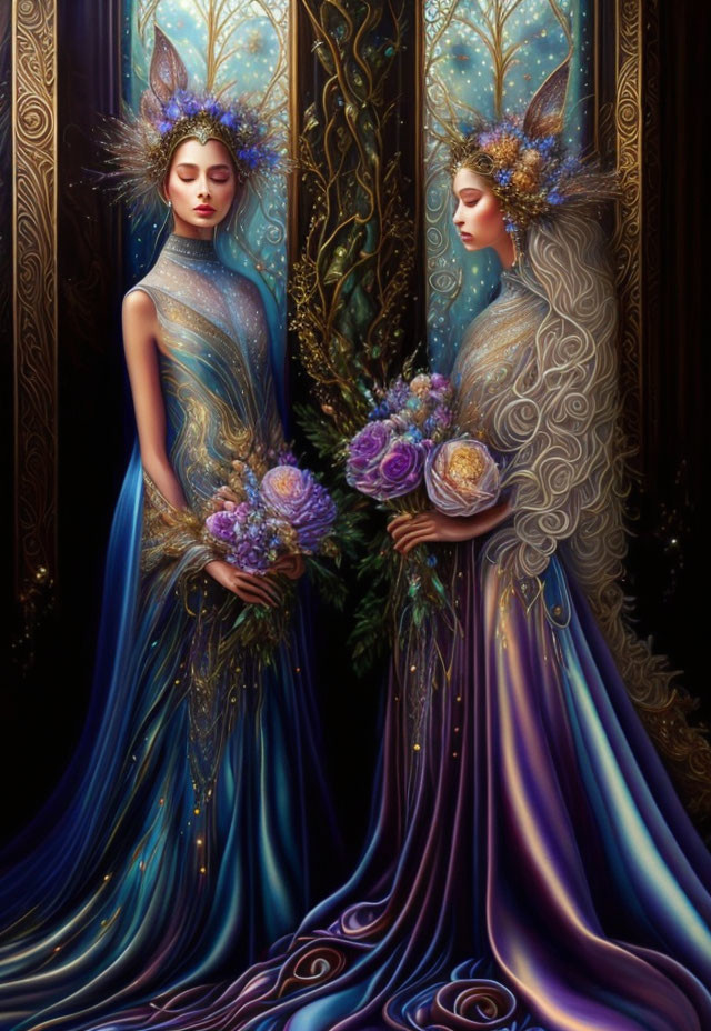 Ethereal women in blue and purple gowns with floral headpieces mirrored against intricate backdrop