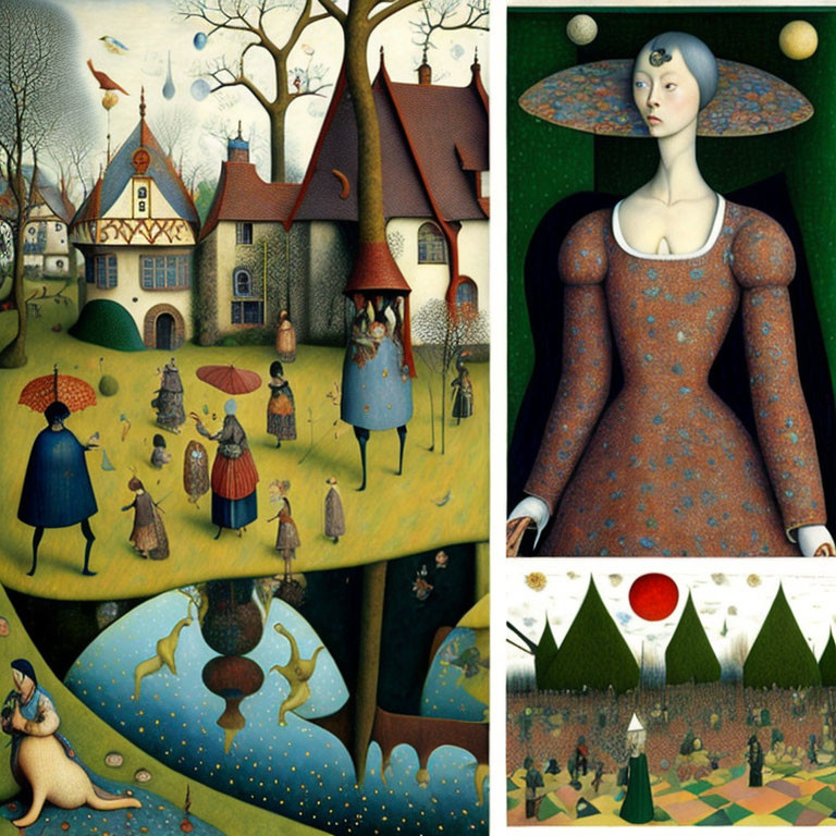 Surreal triptych illustration: central figure in patterned dress, whimsical scenes of buildings