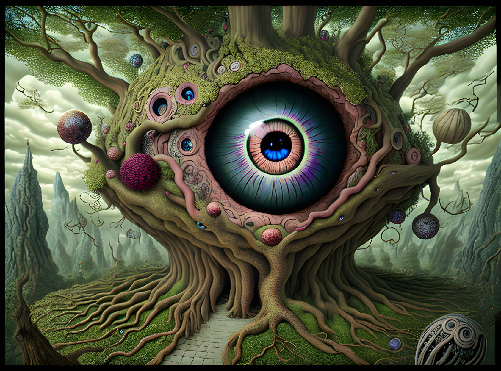 Surreal tree with central eye in fantasy landscape