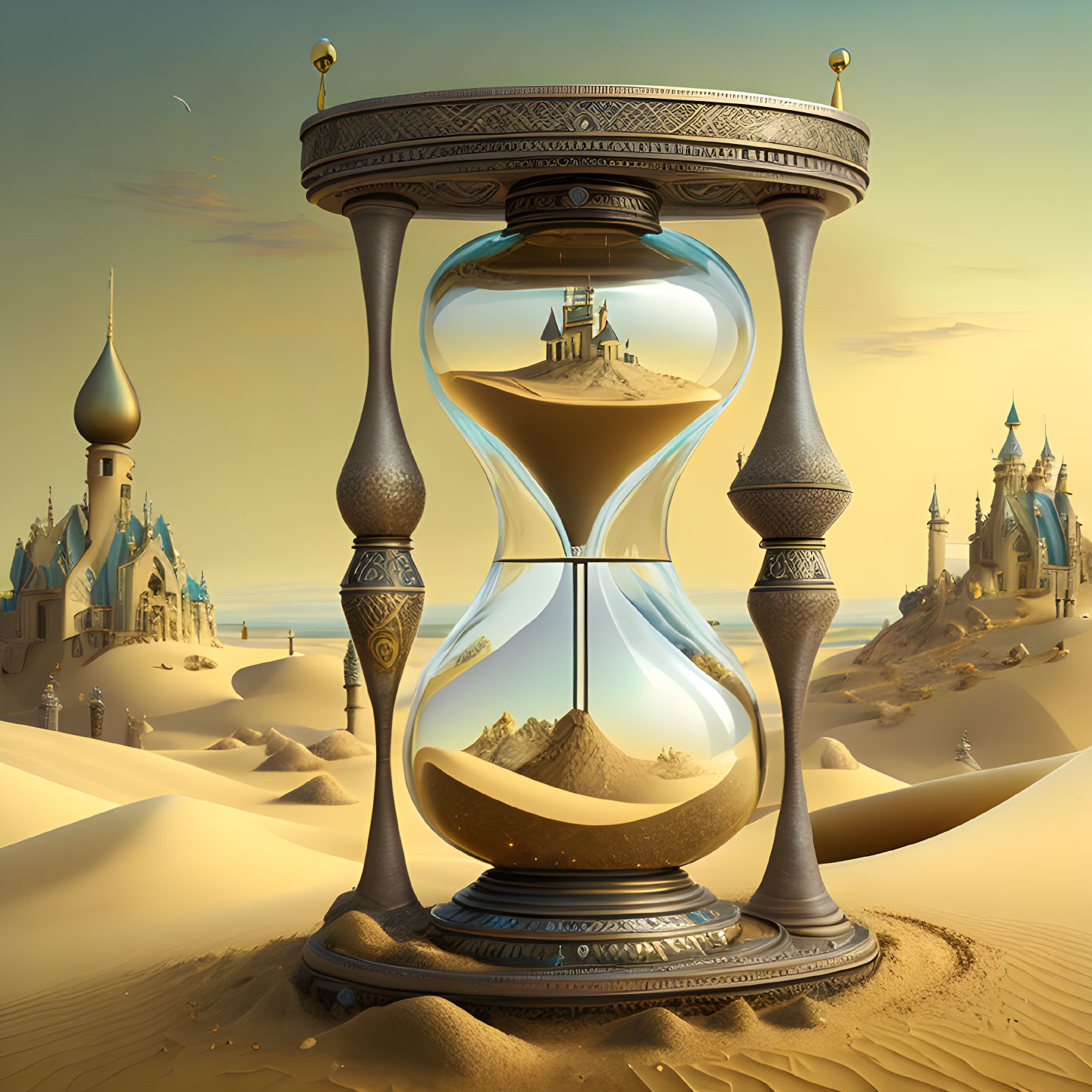 Fantasy hourglass with castles in a desert setting