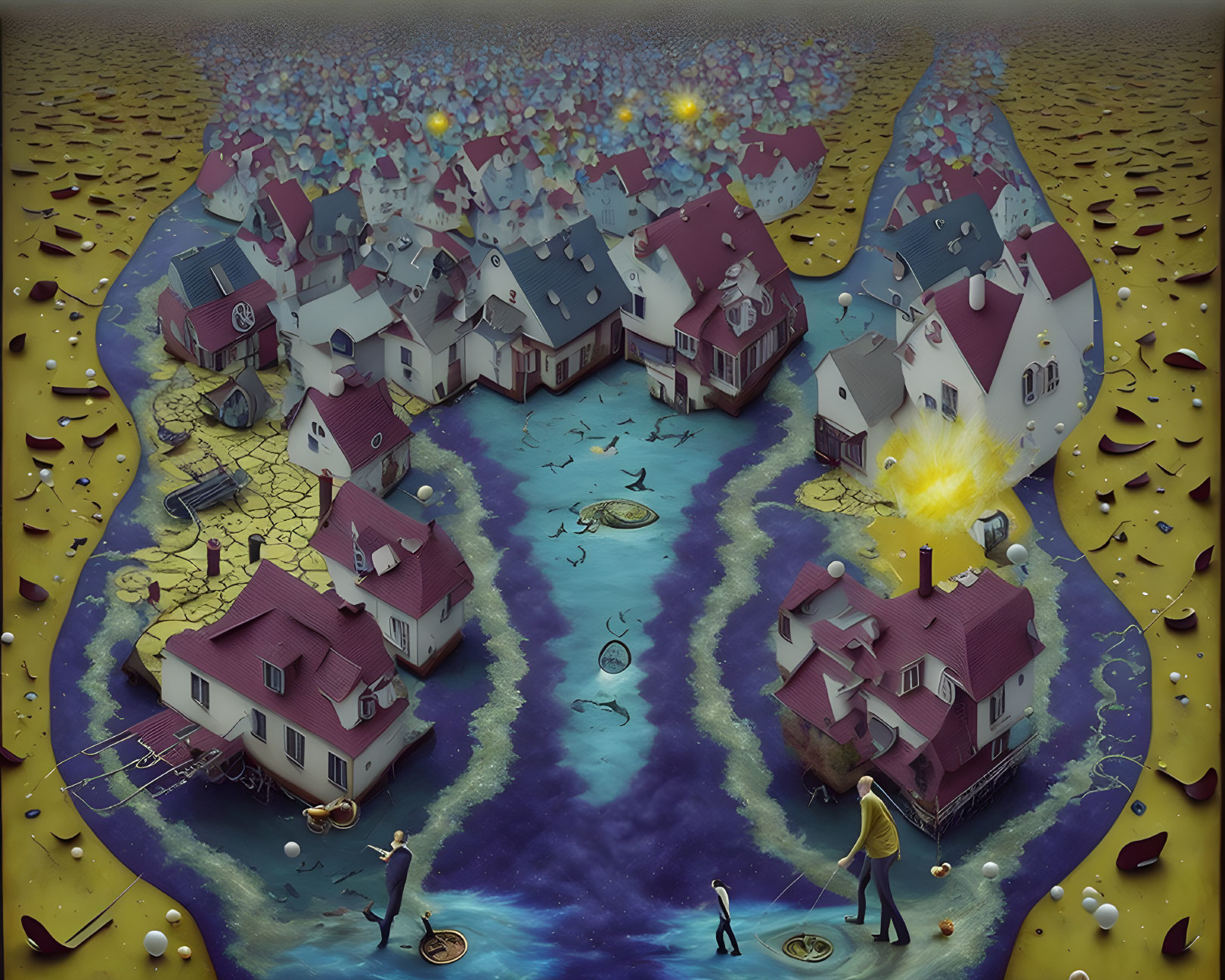 Whimsical illustration of houses on water with people fishing