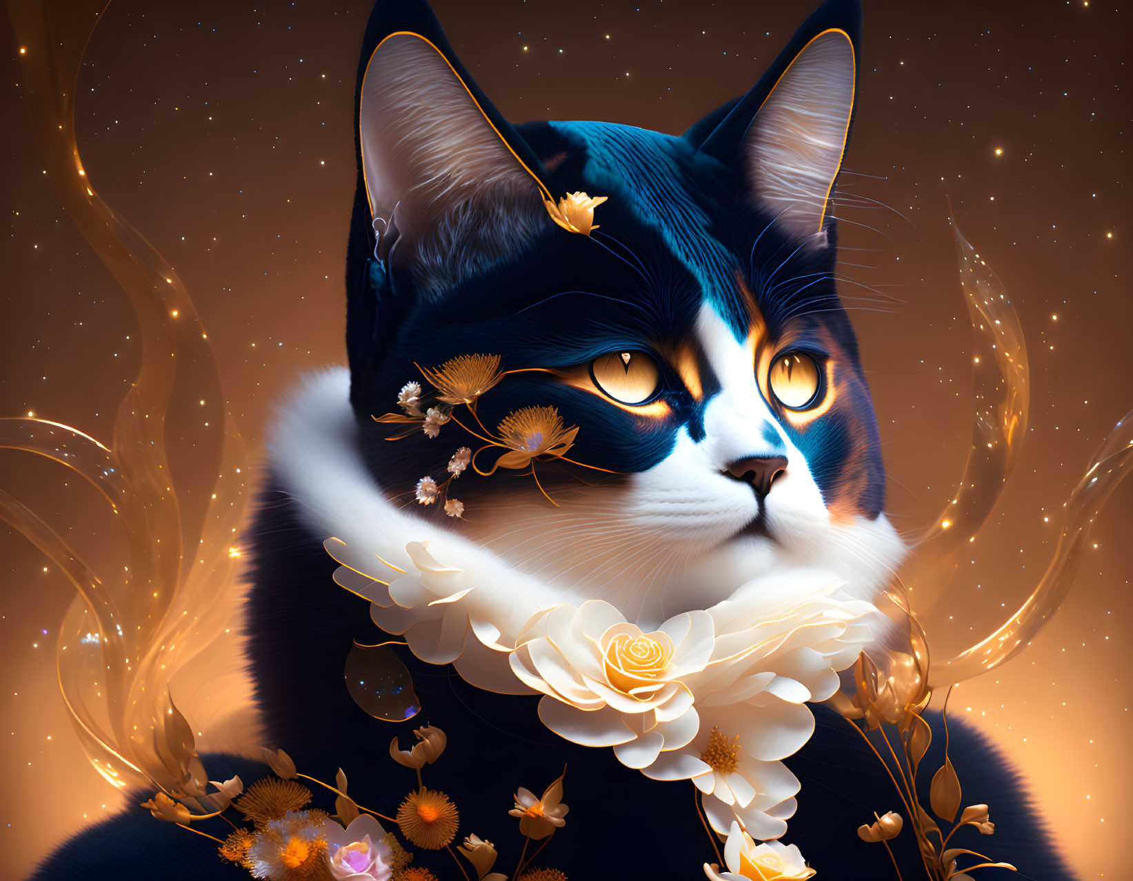 Cat digital art: black and white coat with gold leaves and glowing details