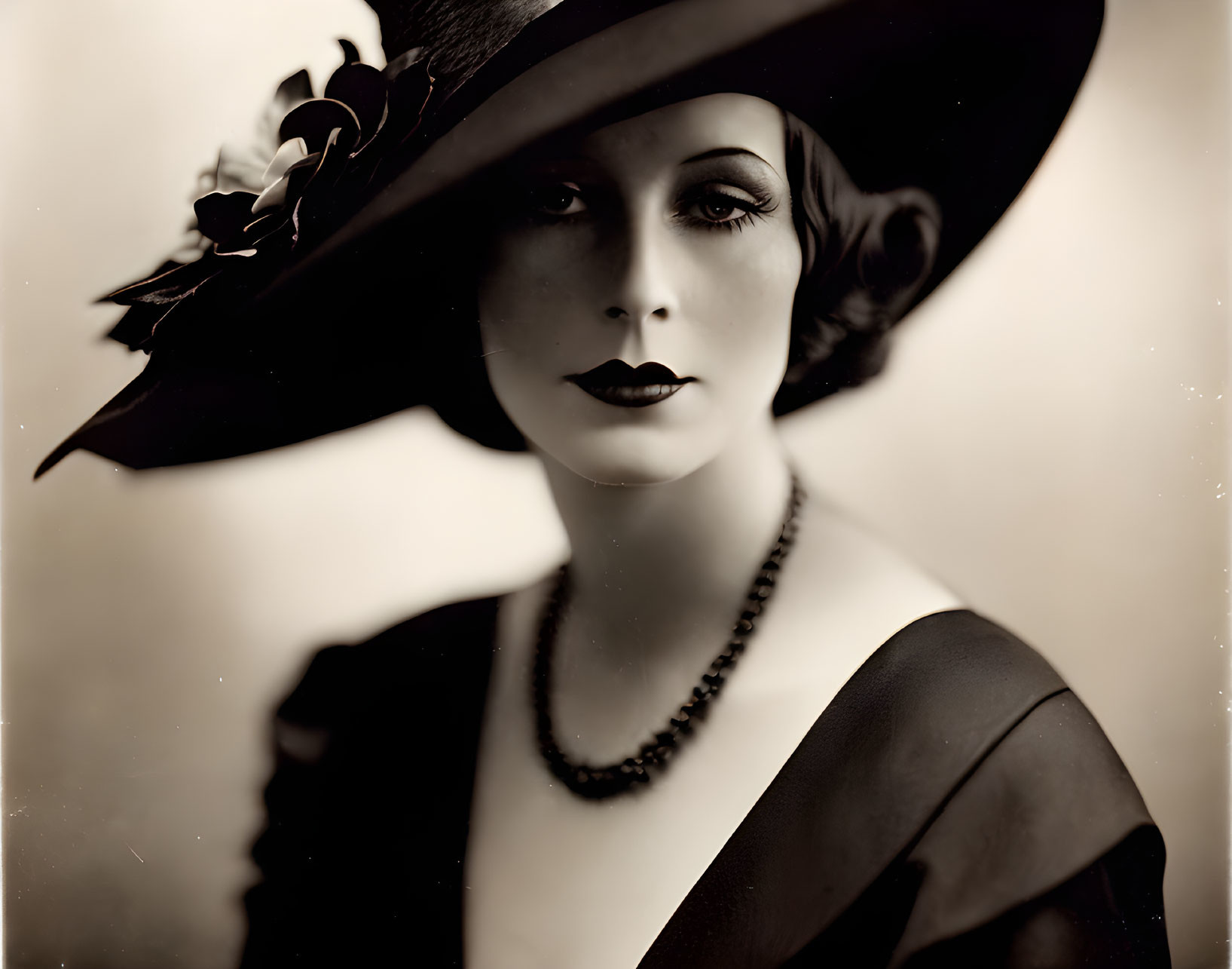 Monochrome portrait of woman in wide-brimmed hat with floral adornments