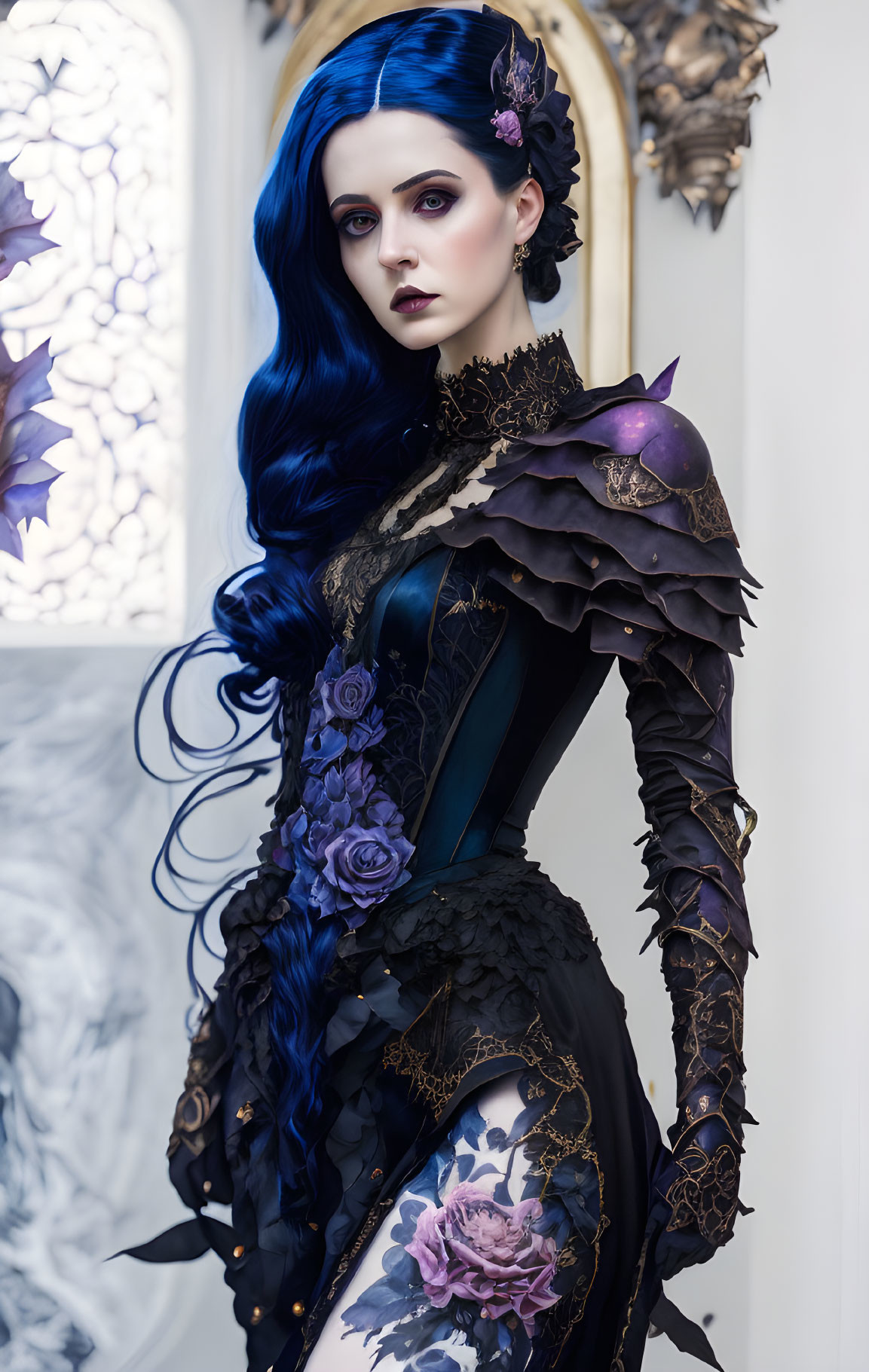 Striking blue-haired woman in gothic dress with armor in ornate room