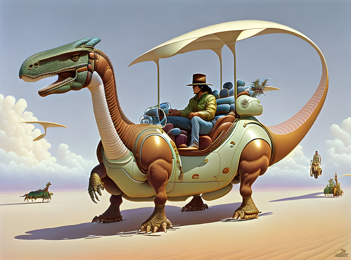 Cowboy hat person on dinosaur-shaped walking apparatus in desert with floating islands.