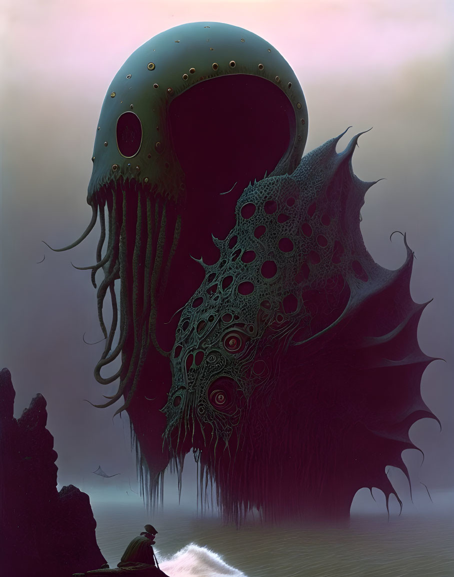 Gigantic tentacled creature in misty surreal landscape