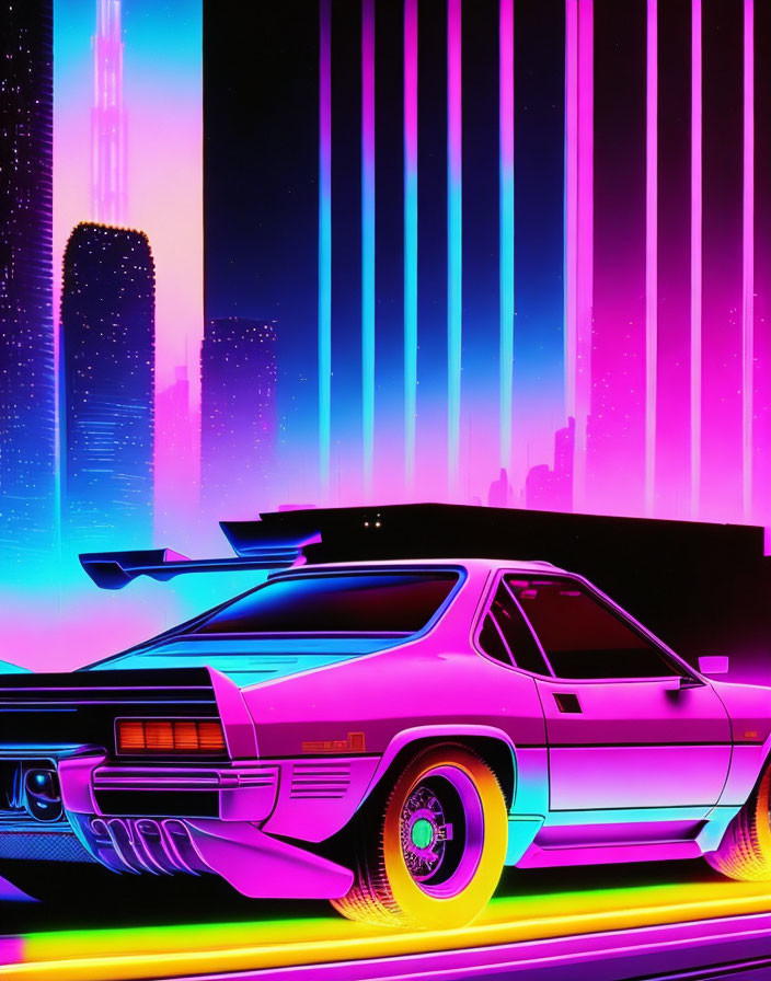 Neon-colored retro-futuristic cityscape with classic sports car