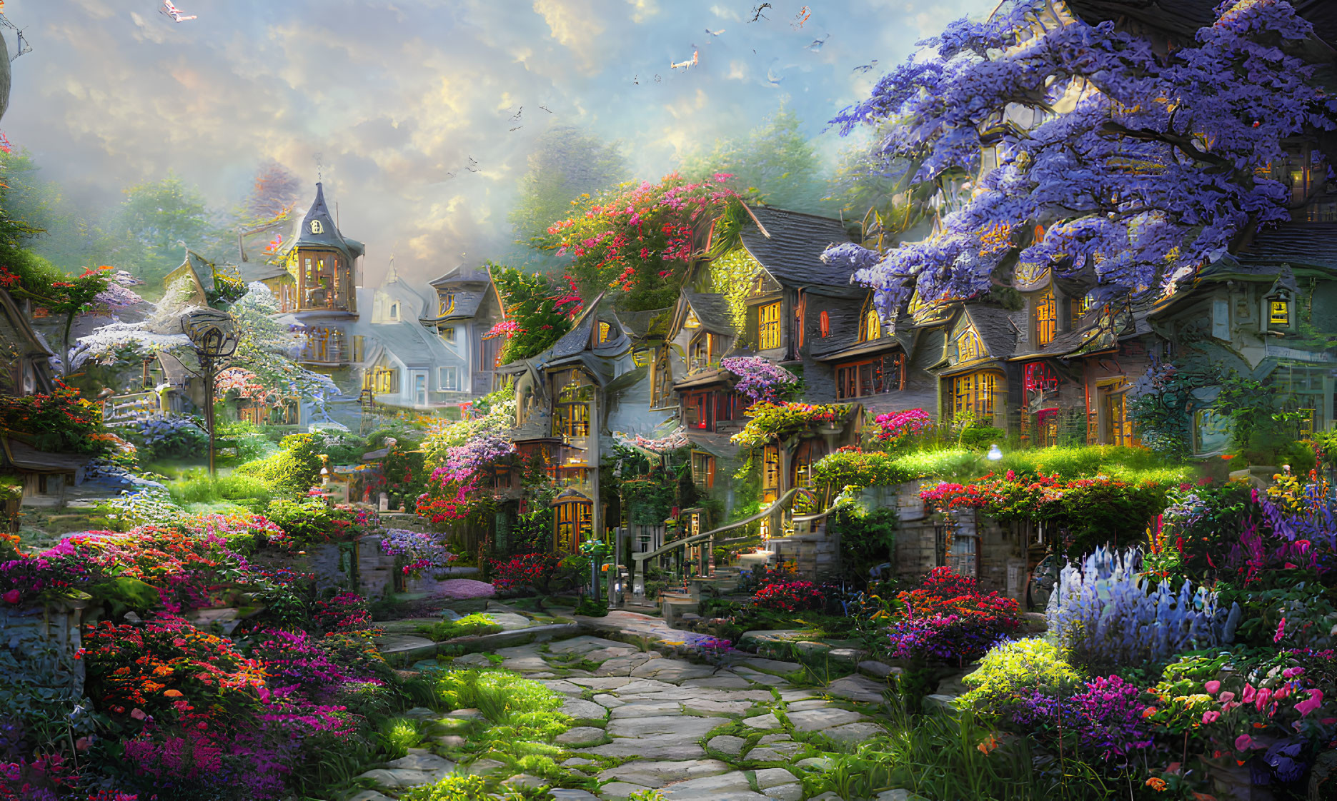 Colorful garden with overgrown flowers and cobblestone path in warm sunlight