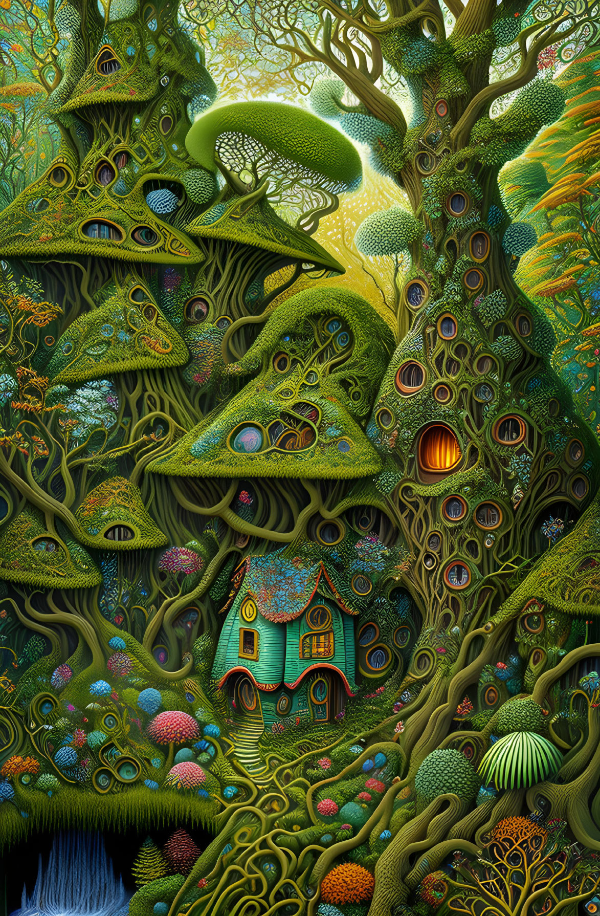 Colorful whimsical forest illustration with treehouse and surreal shapes