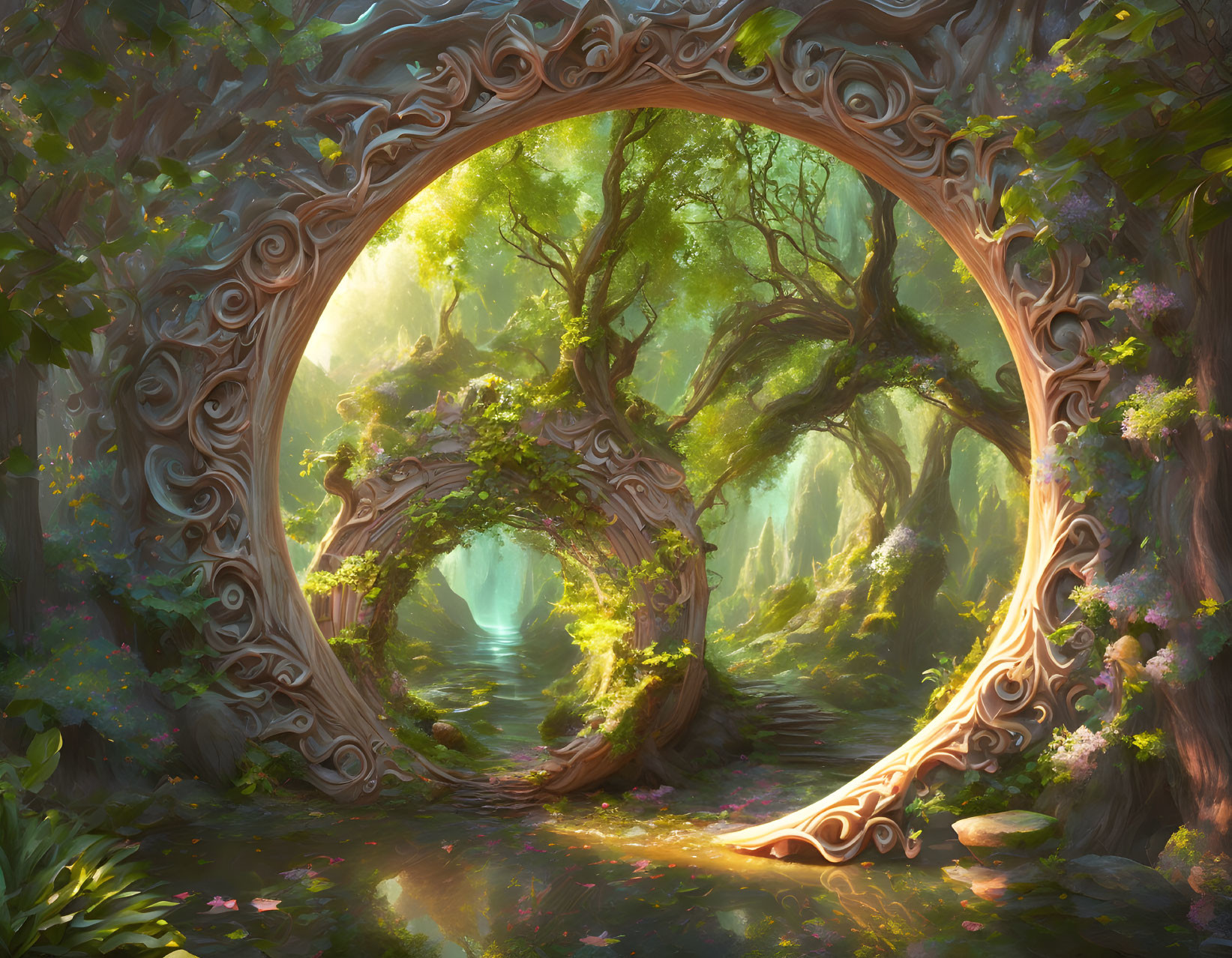 Circular frame with serene forest scene and mysterious water source