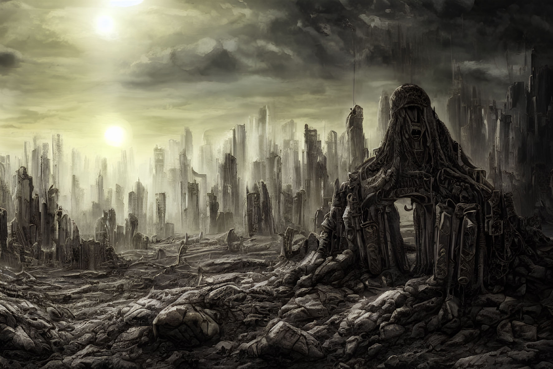 Post-apocalyptic cityscape with skeletal buildings and ominous throne-like structure.