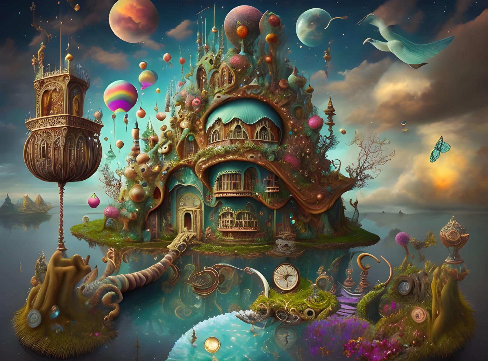 Whimsical treehouse in fantastical twilight landscape