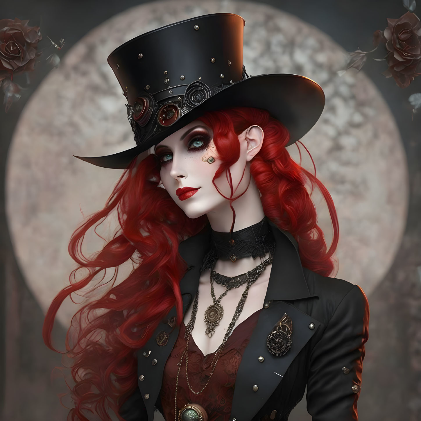 Vibrant red-haired woman in gothic attire against moon and roses.