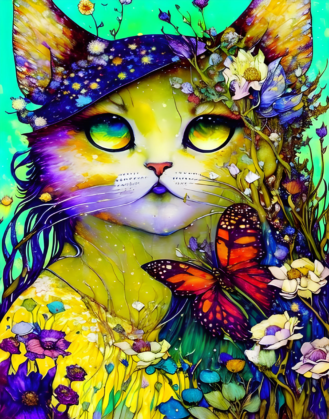 Whimsical cat surrounded by butterflies and flowers in vibrant colors