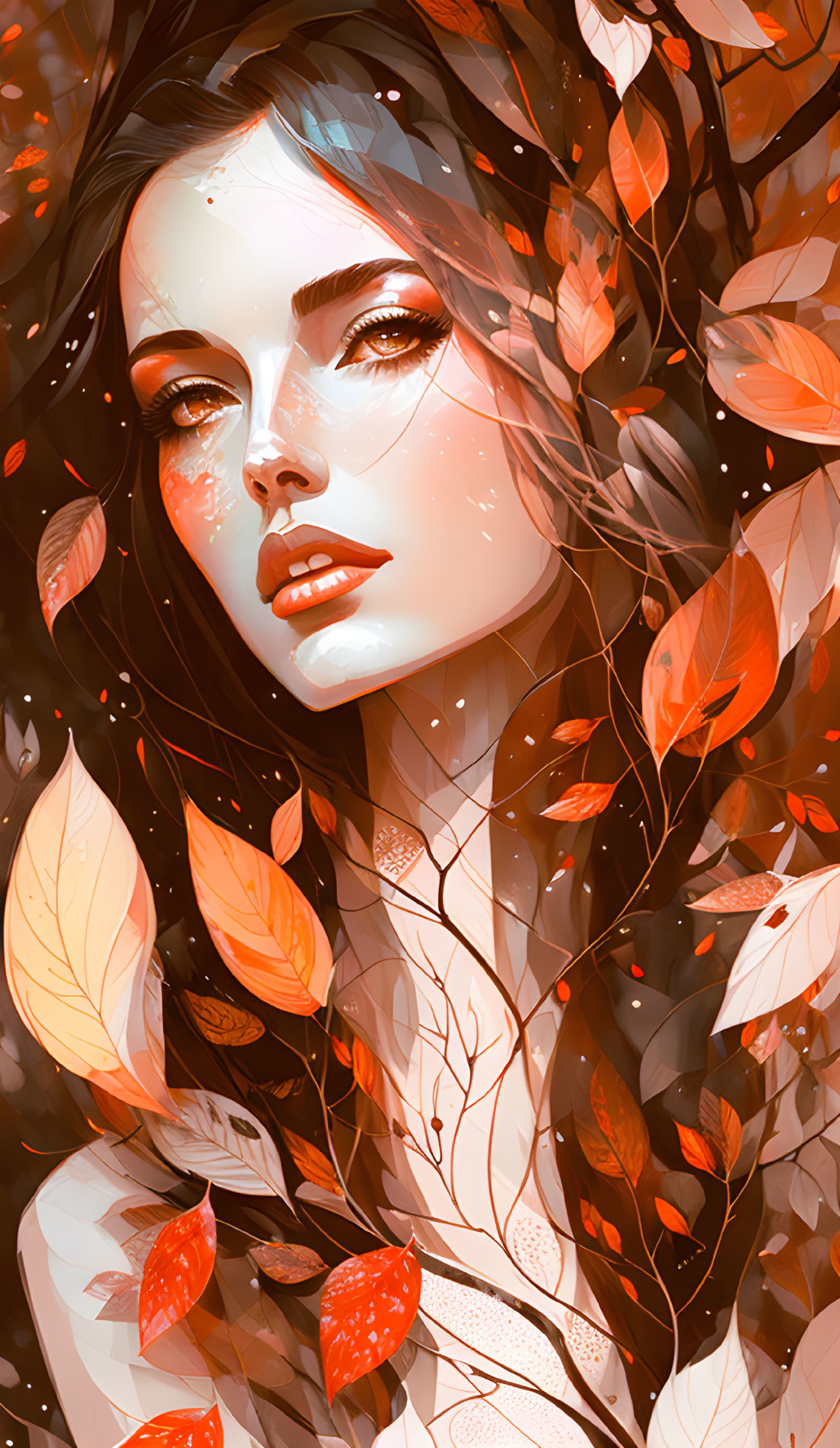 Woman's face obscured by orange leaves in autumnal backdrop