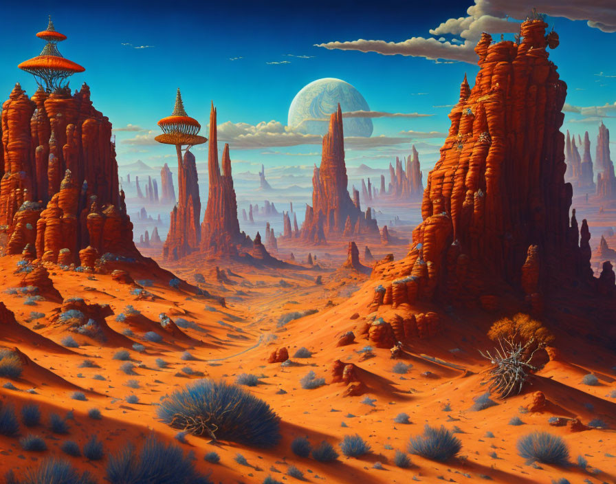 Surreal desert landscape with rock formations, futuristic towers, and large moon