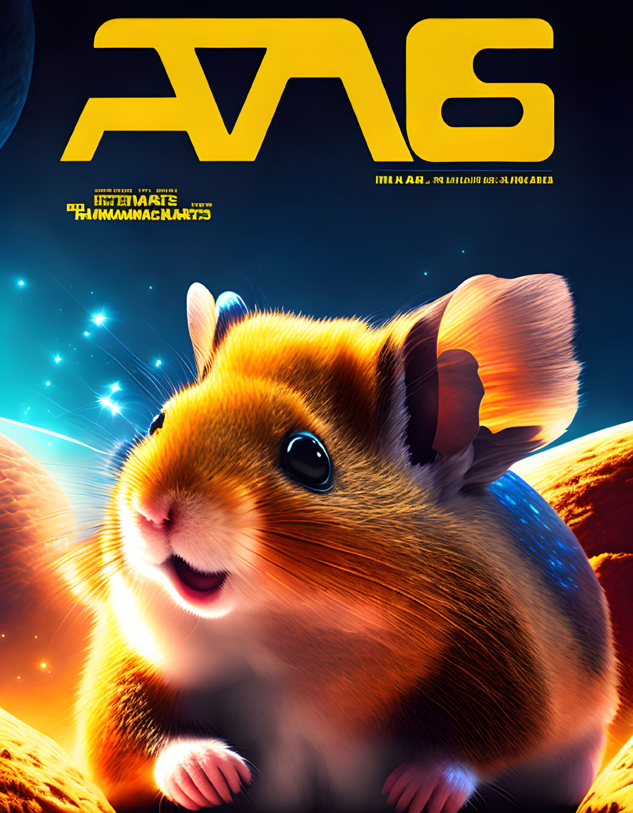 Animated hamster in heroic pose on vibrant space-themed poster