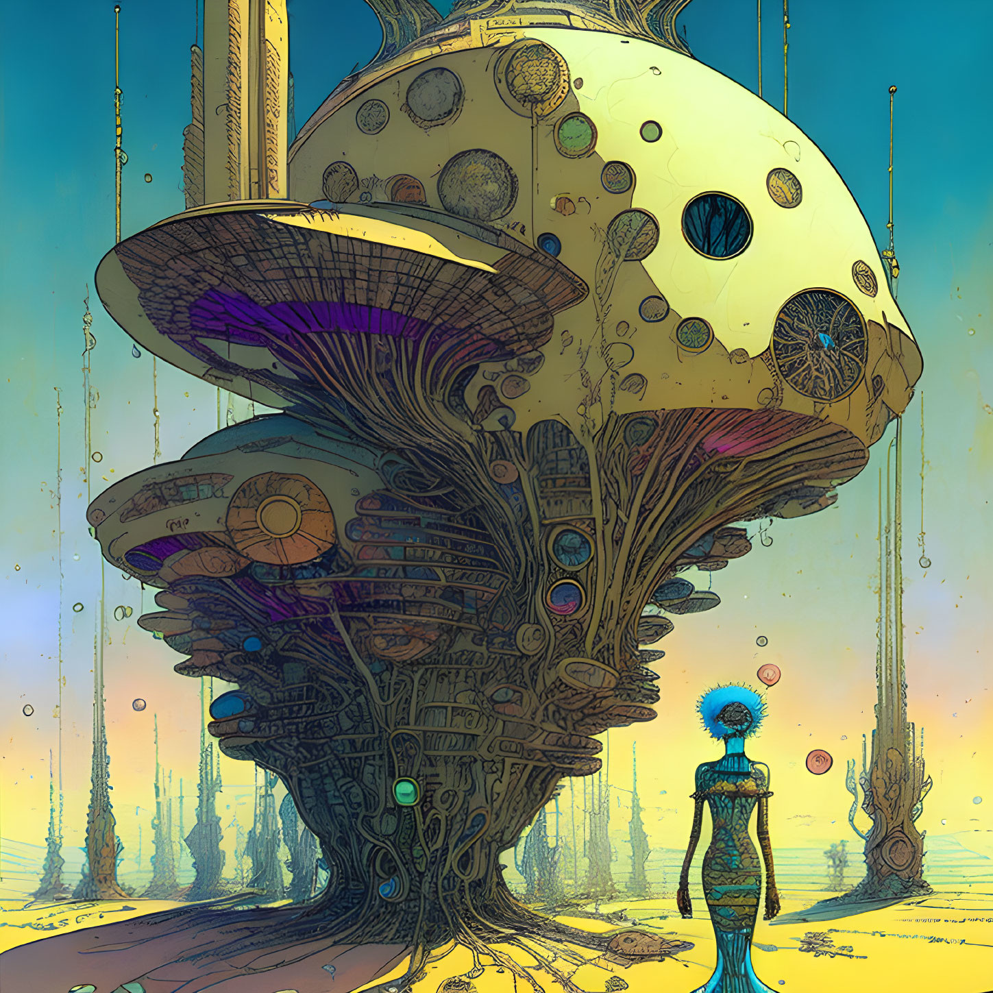 Towering mushroom-like structure with spheres in yellow-hued sky