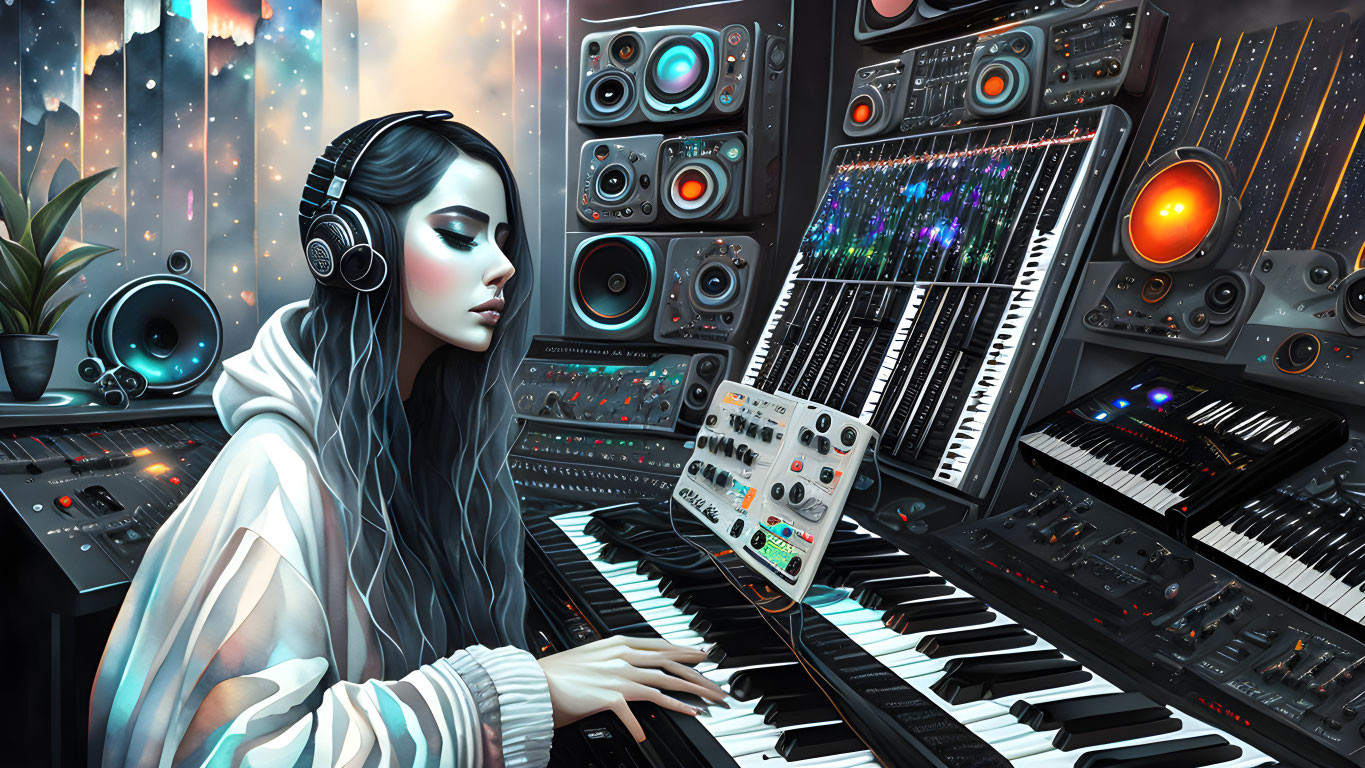 Female Musician with Headphones and Synthesizer in Electronic Music Studio