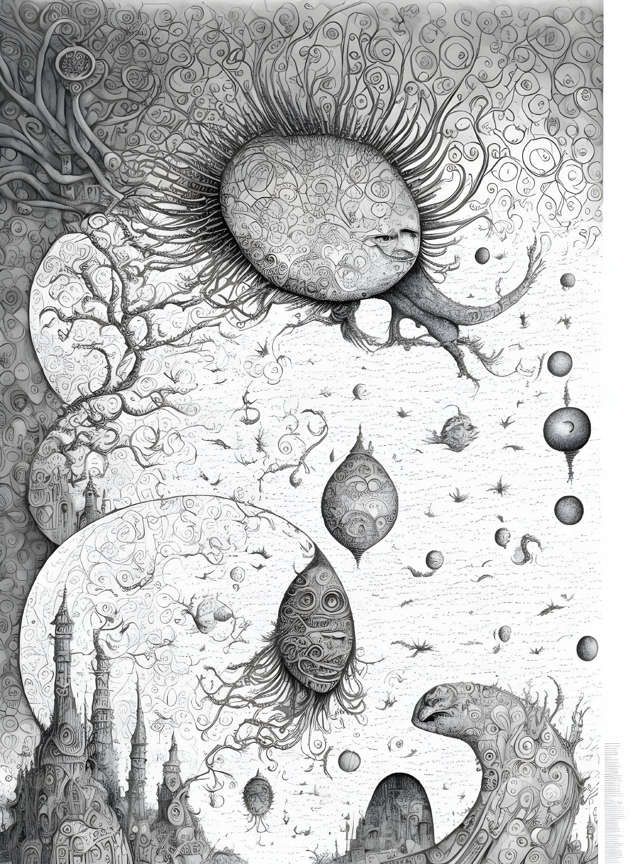 Intricate surreal black and white illustration with swirling faces and floating orbs