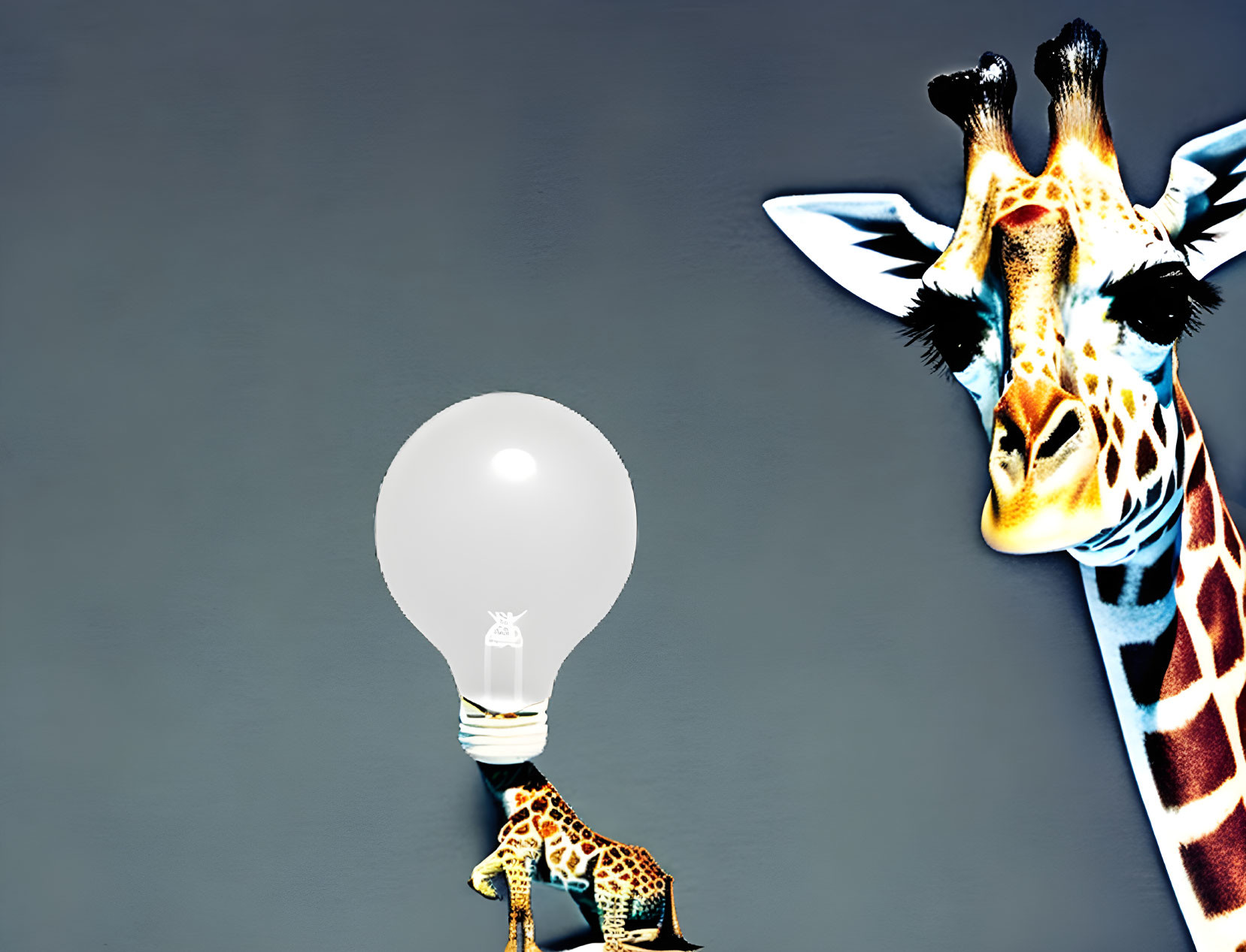 Giraffe with Glowing Light Bulb Head on Gray Background