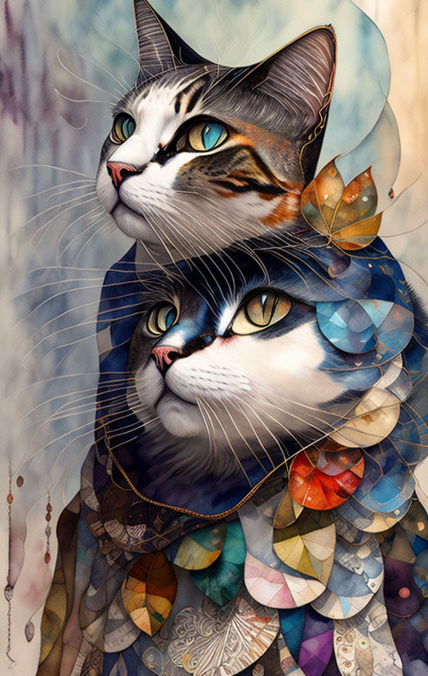 Colorful Stylized Cats Artwork with Butterfly Detail