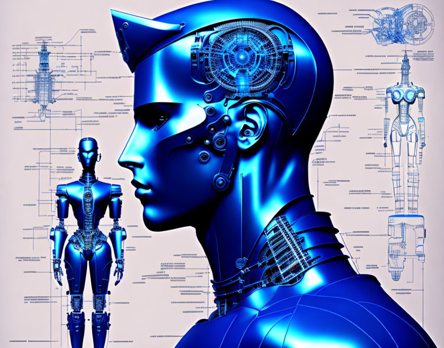 Detailed digital illustration of humanoid robot with transparent head and inner mechanisms on blueprint-style background