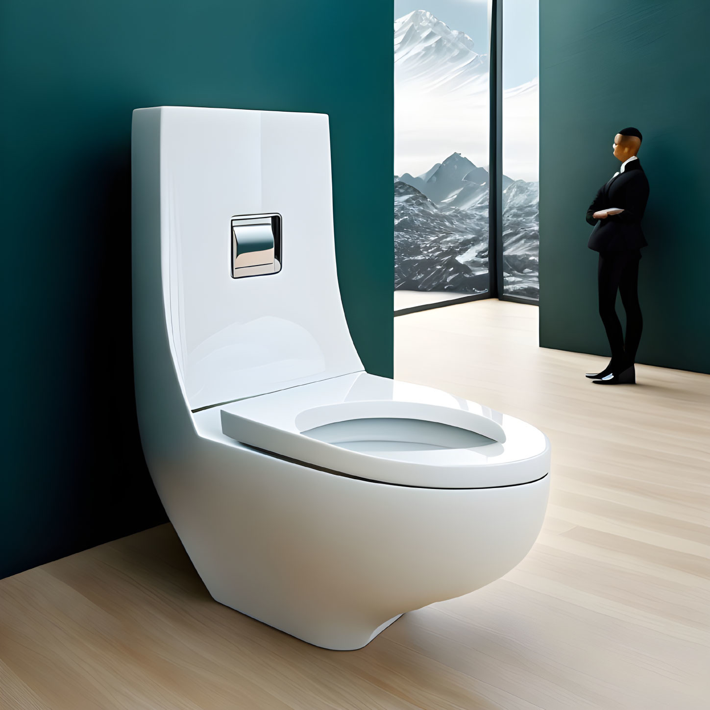 Sleek white toilet in modern bathroom with mountain view