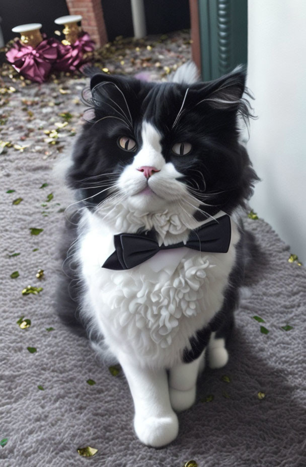 Black and White Cat with Bow Tie in Gold Confetti Environment