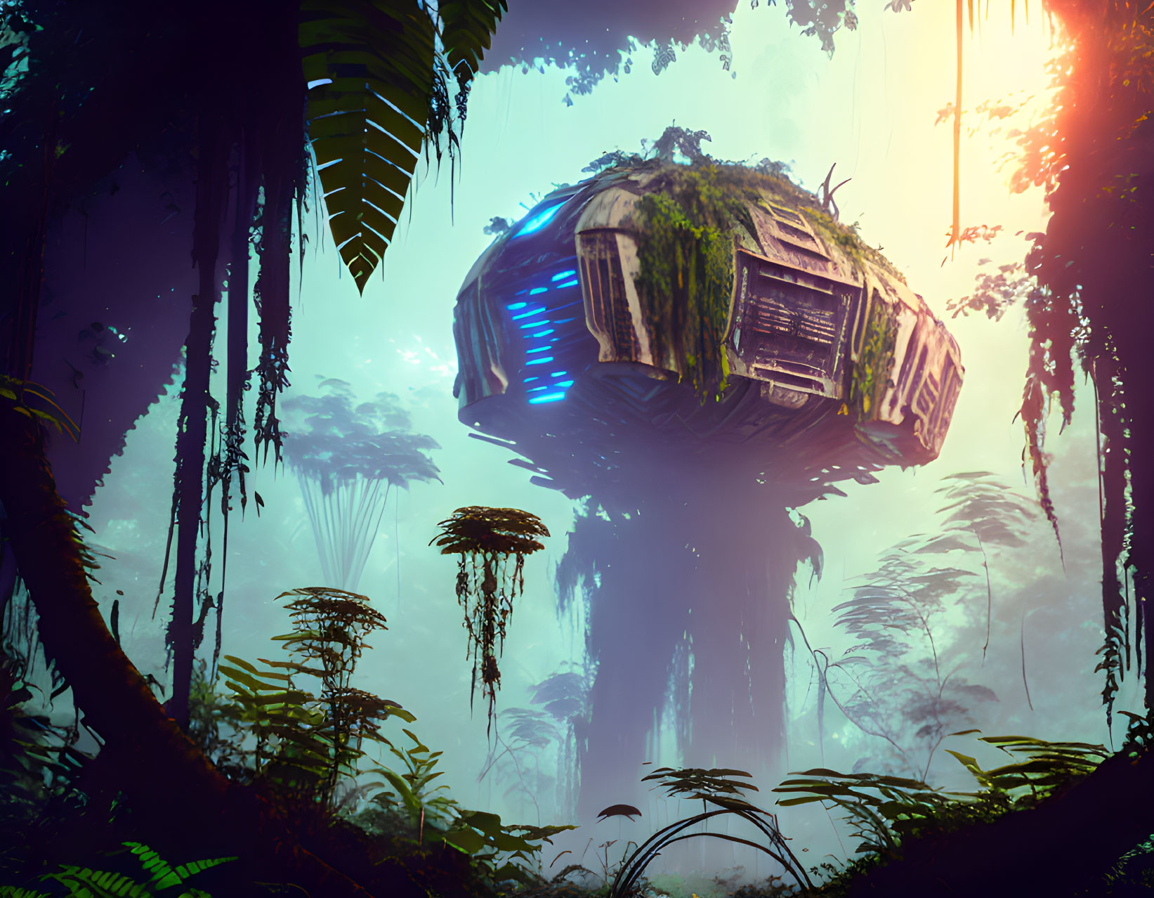 Futuristic UFO-shaped building on tall jungle tree in misty scene